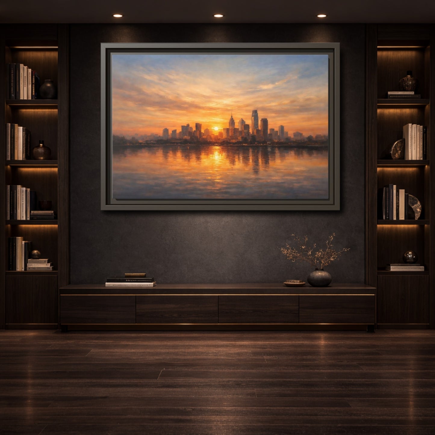 Mockup 3. Vintage City Skyline Golden Cityscape shown as stretched canvas wall art