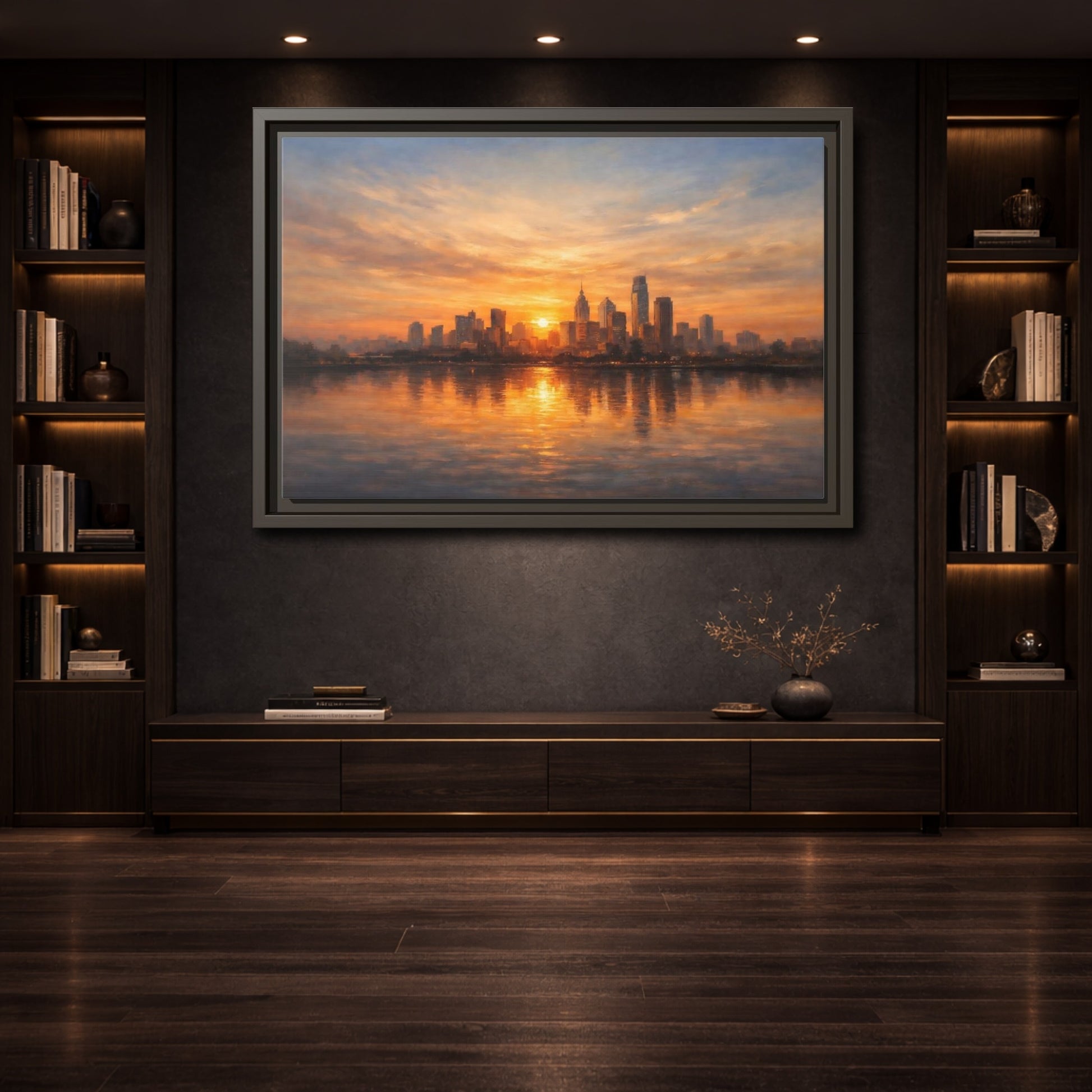 Mockup 3. Vintage City Skyline Golden Cityscape shown as stretched canvas wall art