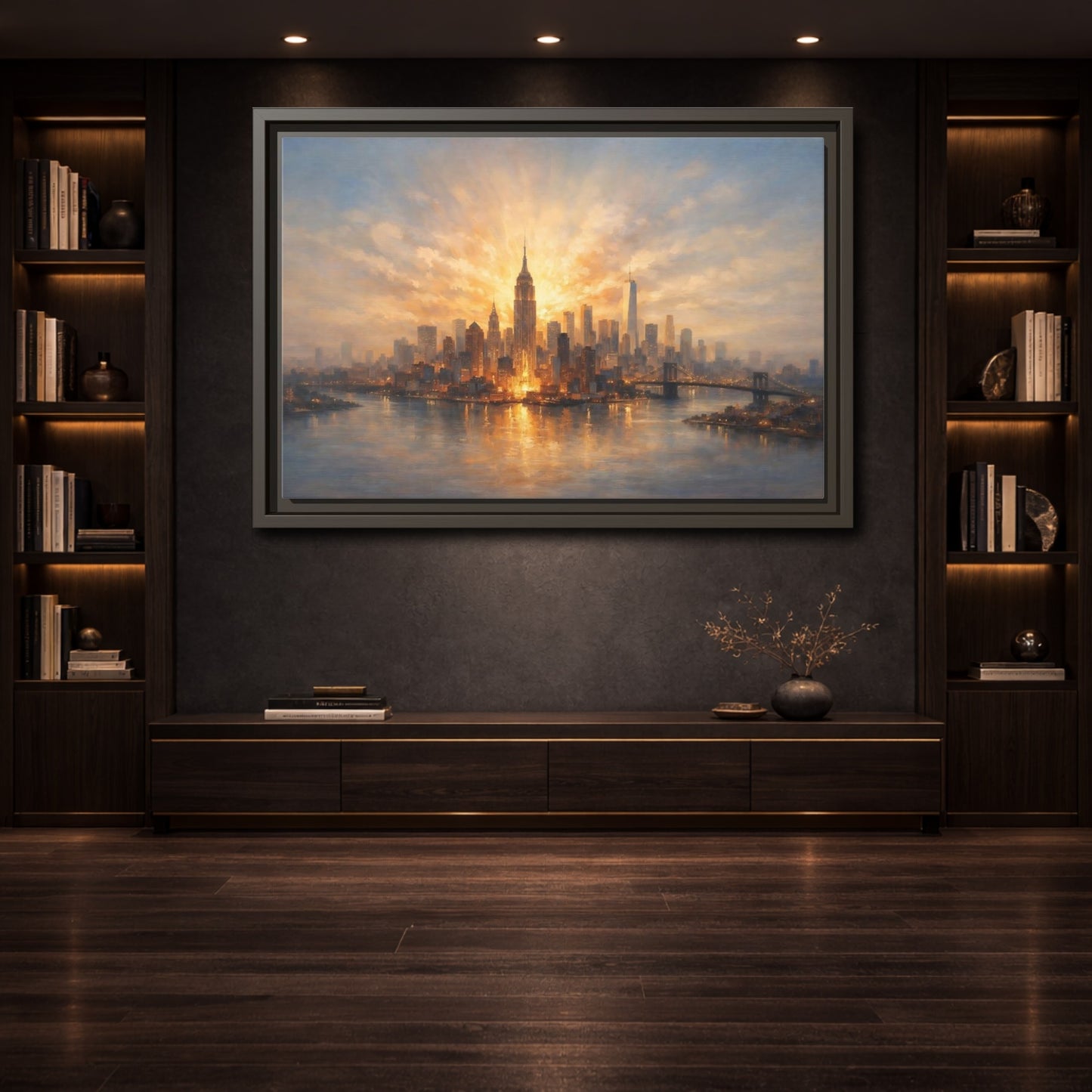 Mockup 3. Vintage City Skyline Golden Cityscape shown as stretched canvas wall art