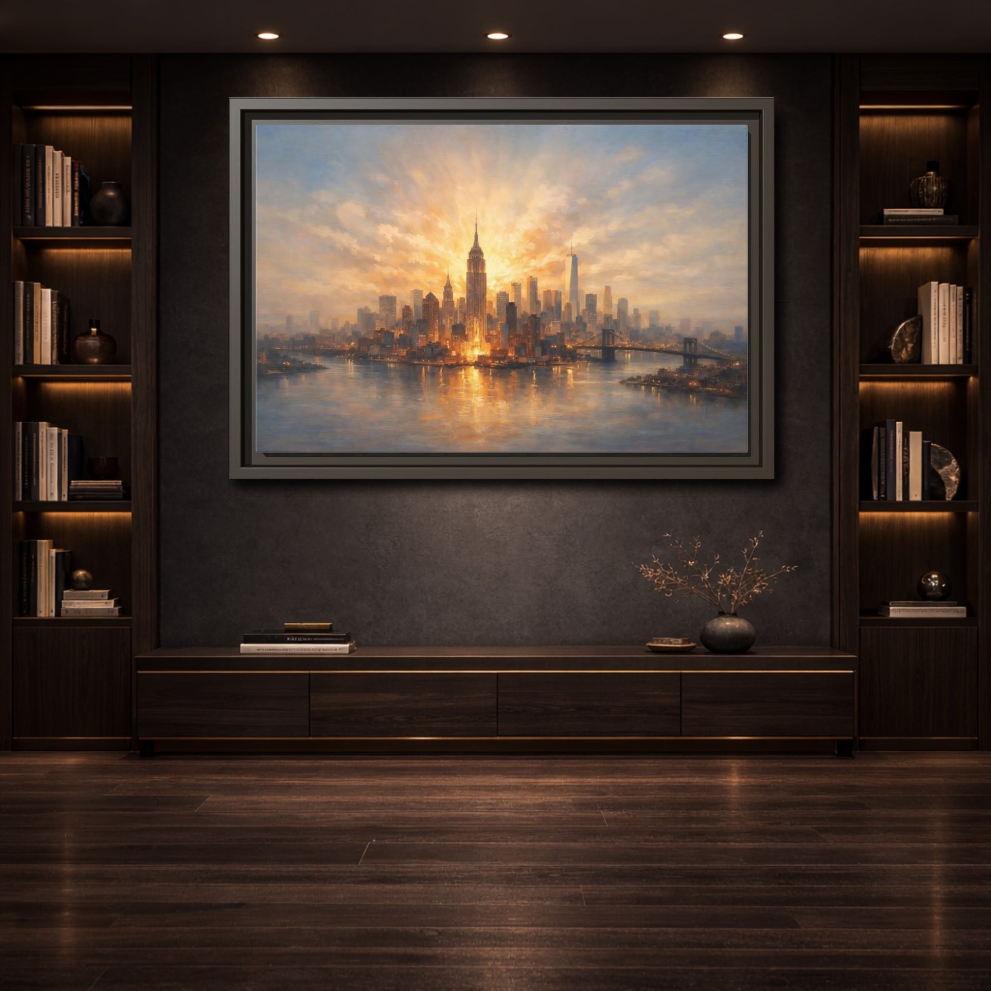 Mockup 3. Vintage City Skyline Golden Cityscape shown as stretched canvas wall art