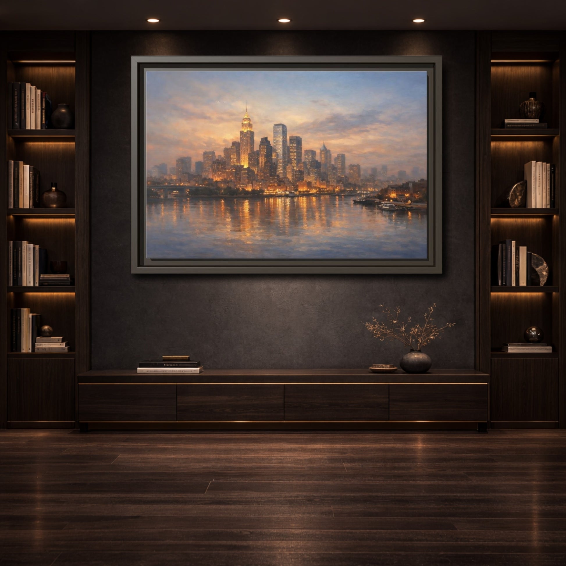 Mockup 3. Vintage City Skyline Golden Cityscape shown as stretched canvas wall art