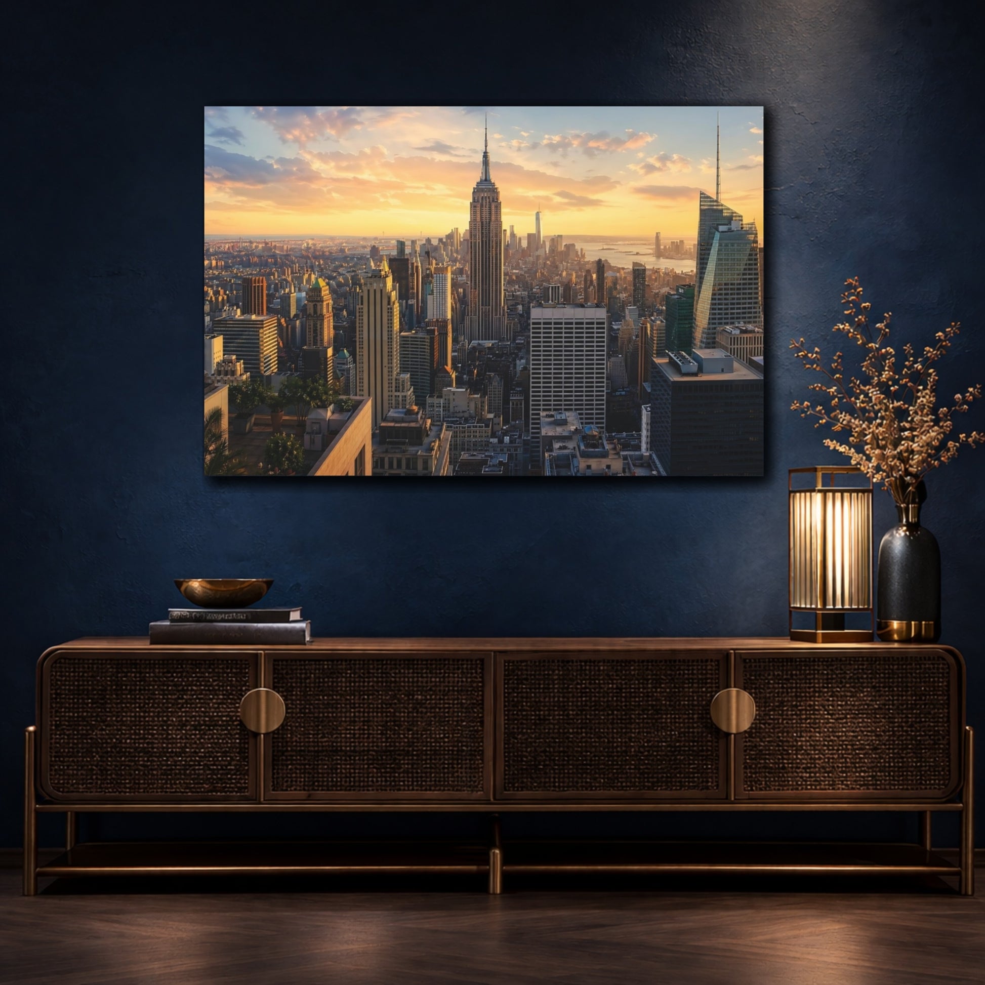 Mockup 4. Vintage City Skyline Golden Cityscape shown as stretched canvas wall art
