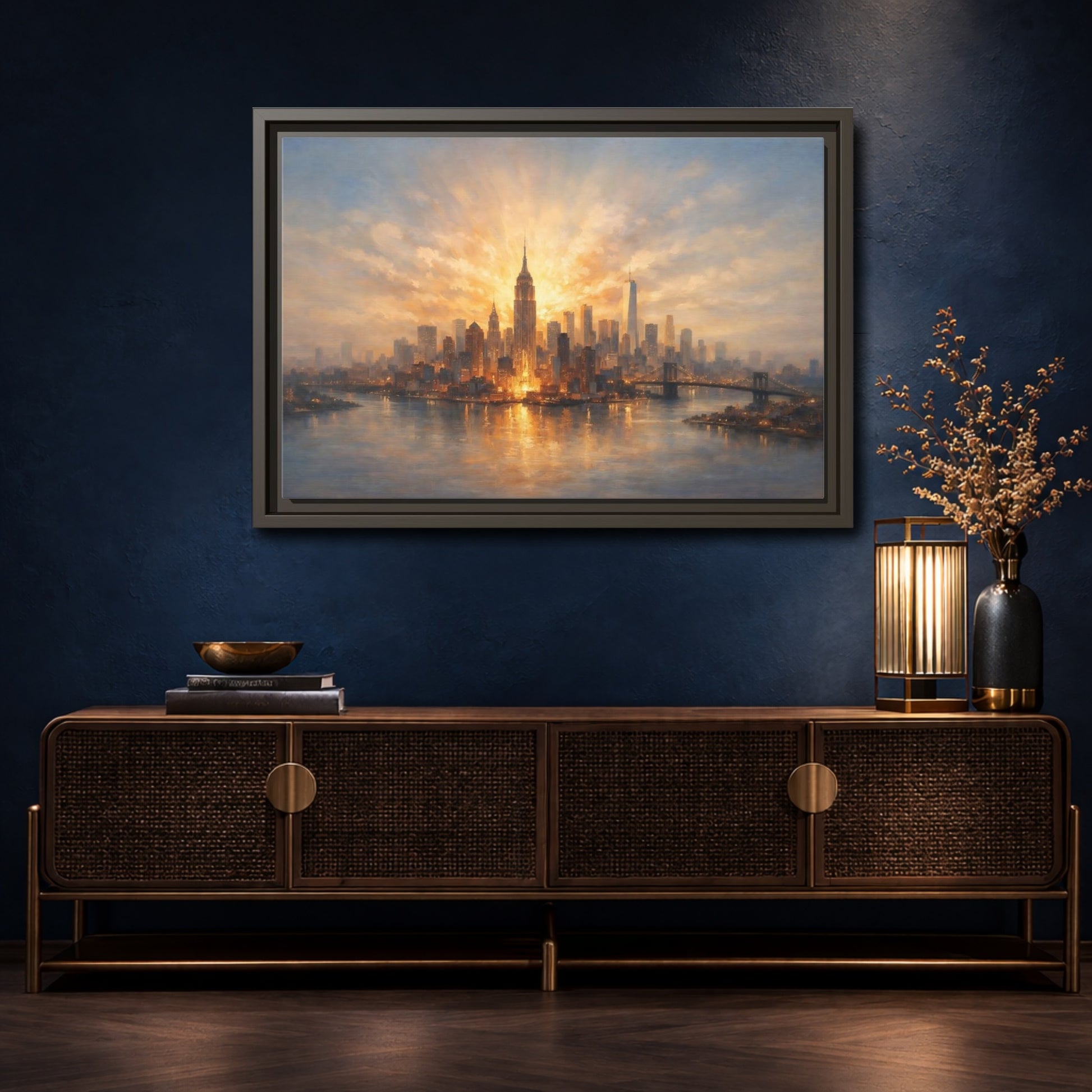 Mockup 4. Vintage City Skyline Golden Cityscape shown as stretched canvas wall art