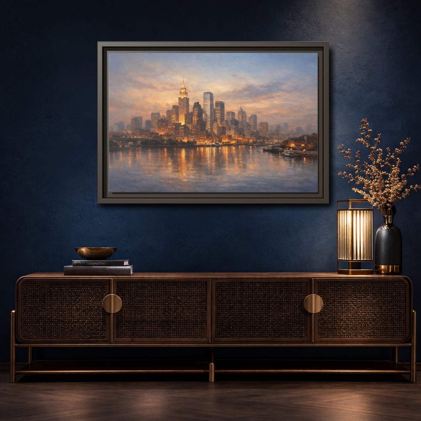 Mockup 4. Vintage City Skyline Golden Cityscape shown as stretched canvas wall art