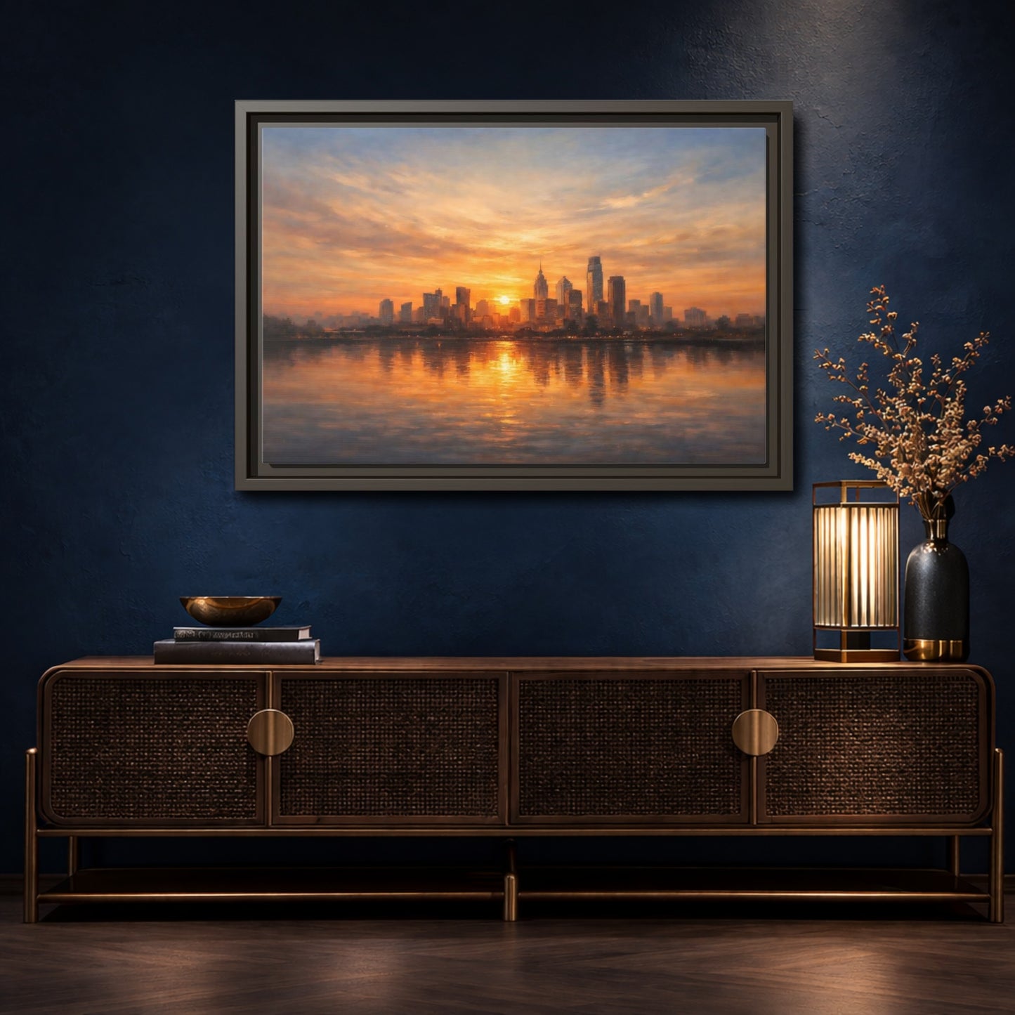 Mockup 4. Vintage City Skyline Golden Cityscape shown as stretched canvas wall art