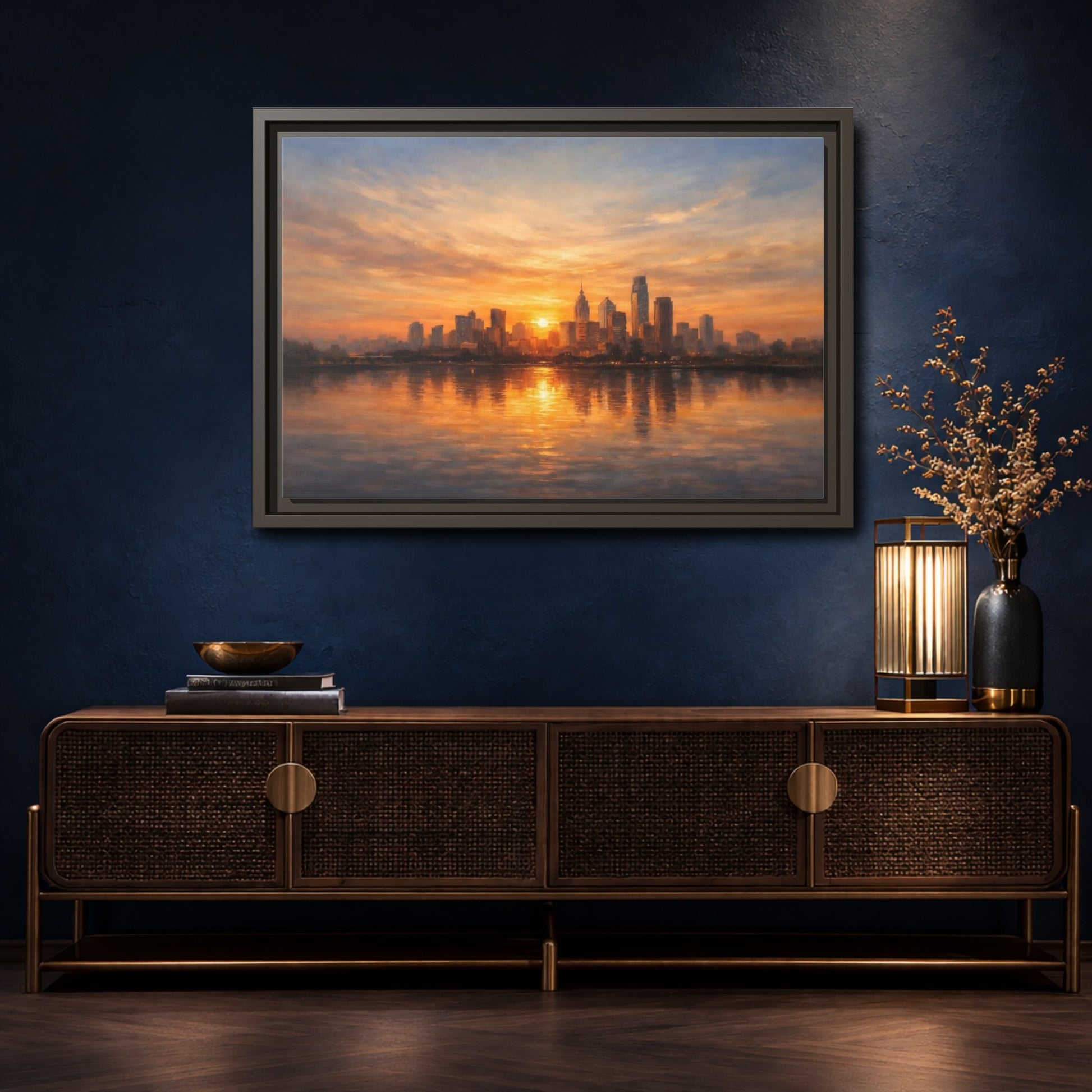 Mockup 4. Vintage City Skyline Golden Cityscape shown as stretched canvas wall art