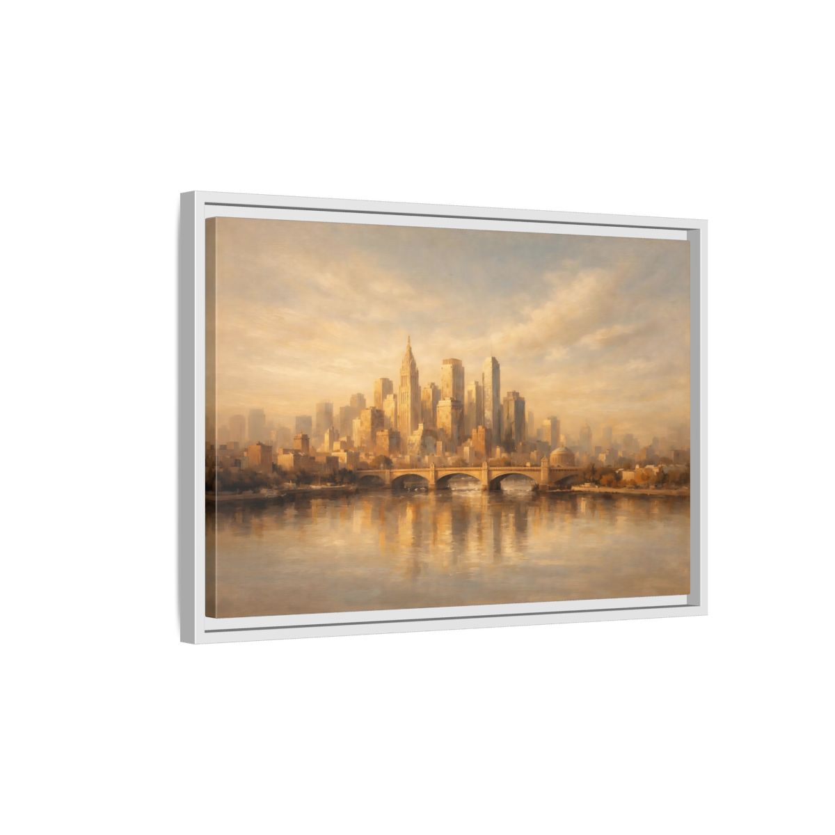 Side Mockup 1. Vintage City Skyline Golden City Skyline shown as stretched canvas wall art