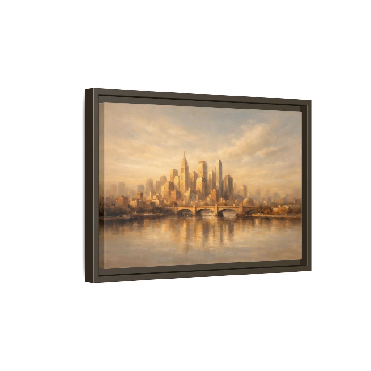 Side Mockup 5. Vintage City Skyline Golden City Skyline shown as stretched canvas wall art