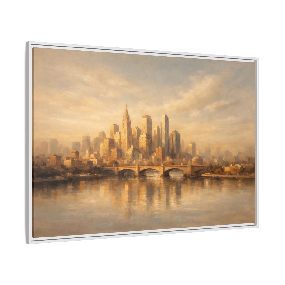 Side Mockup 7. Vintage City Skyline Golden City Skyline shown as stretched canvas wall art