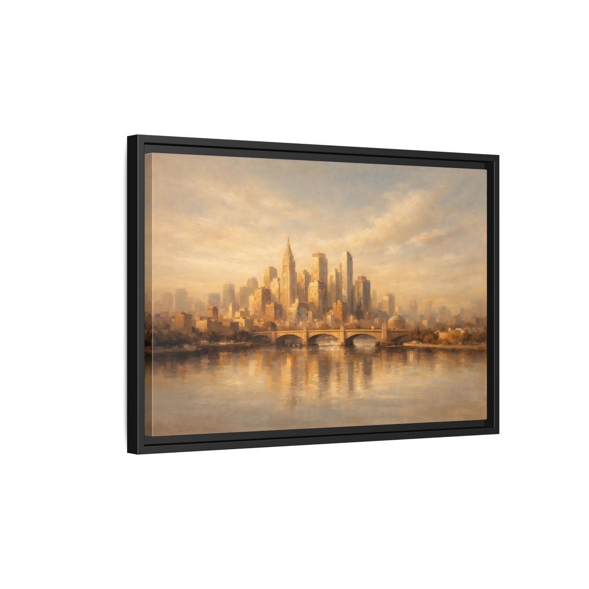 Side Mockup 3. Vintage City Skyline Golden City Skyline shown as stretched canvas wall art