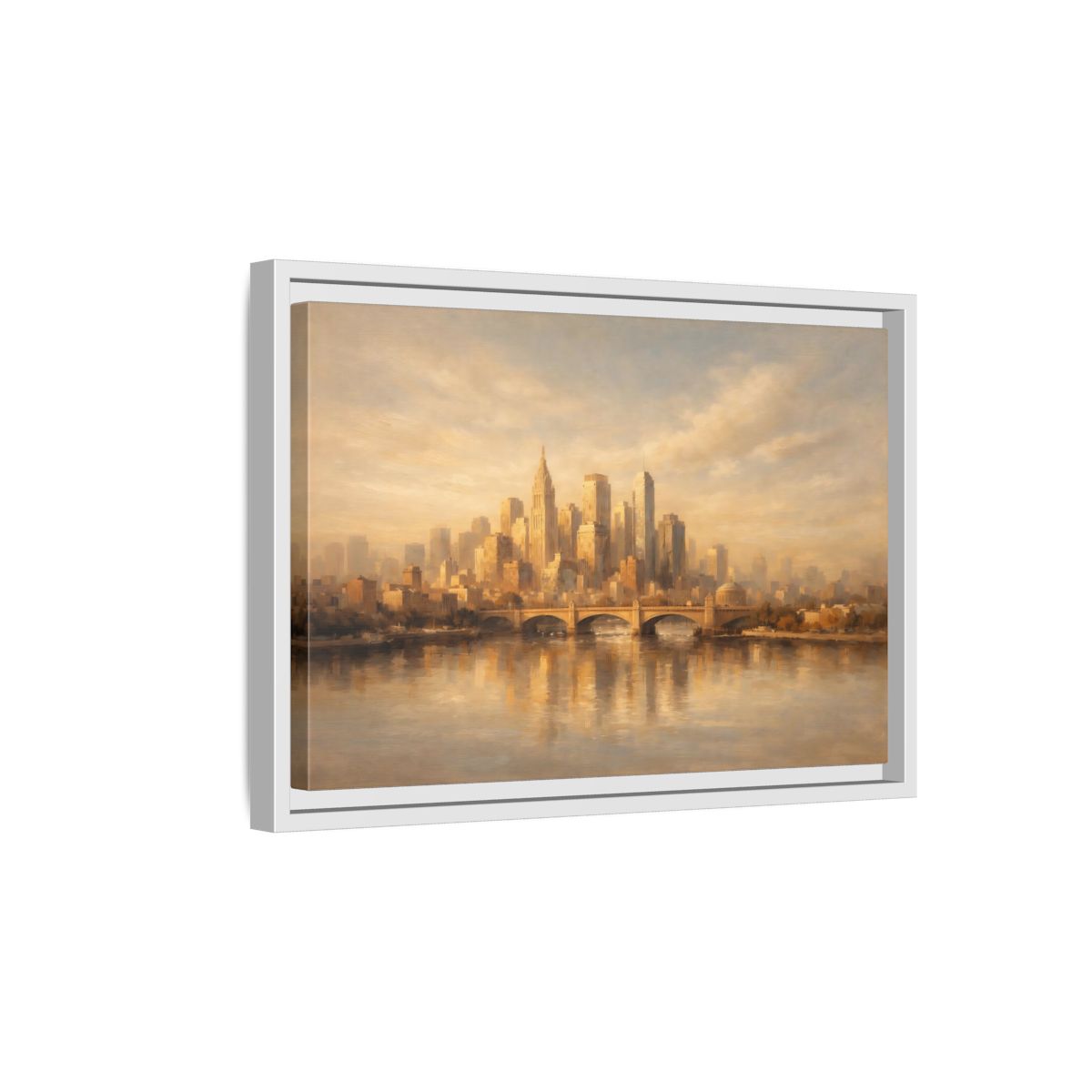 Side Mockup 4. Vintage City Skyline Golden City Skyline shown as stretched canvas wall art