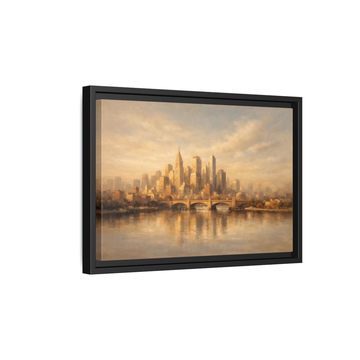 Side Mockup 6. Vintage City Skyline Golden City Skyline shown as stretched canvas wall art