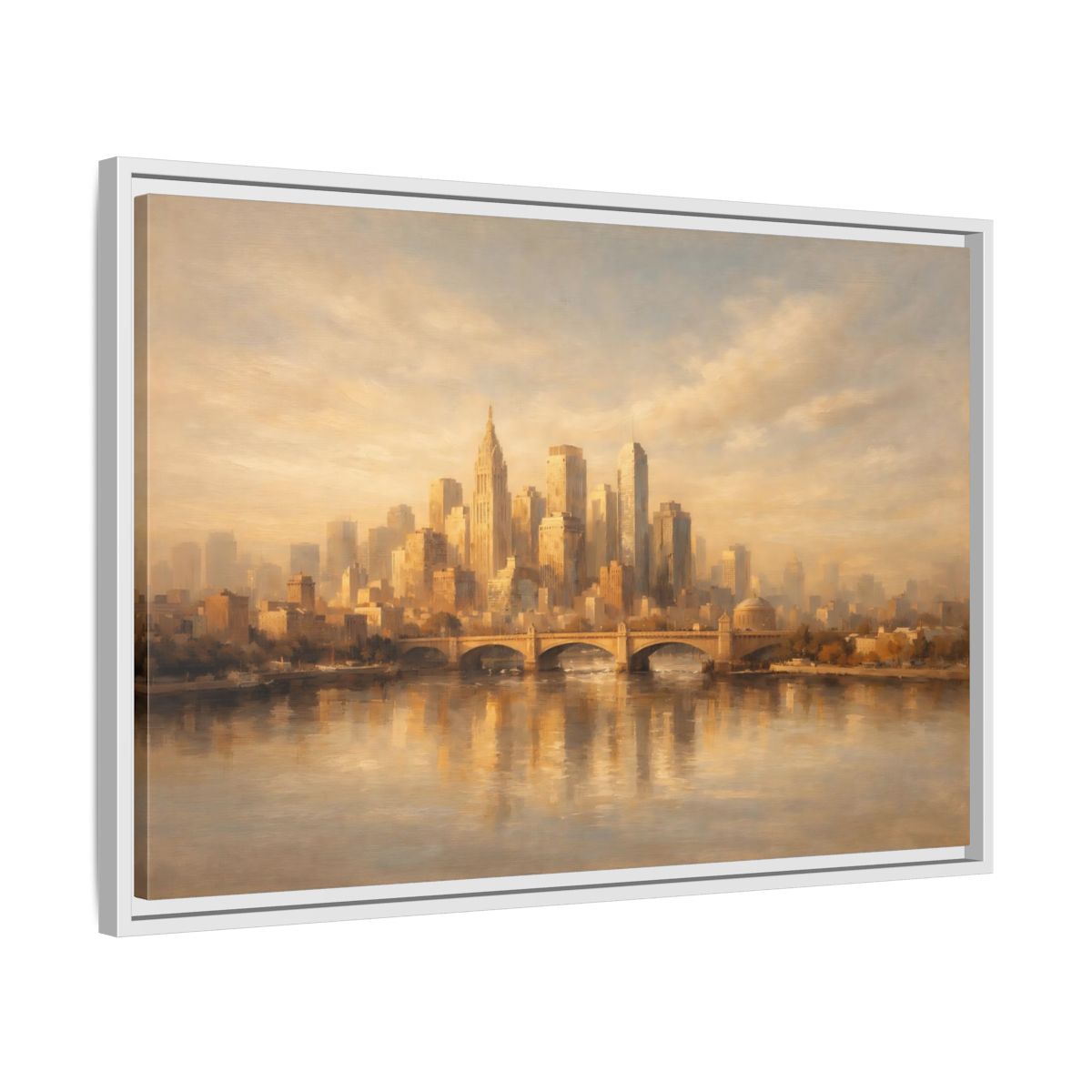 Side Mockup 10. Vintage City Skyline Golden City Skyline shown as stretched canvas wall art