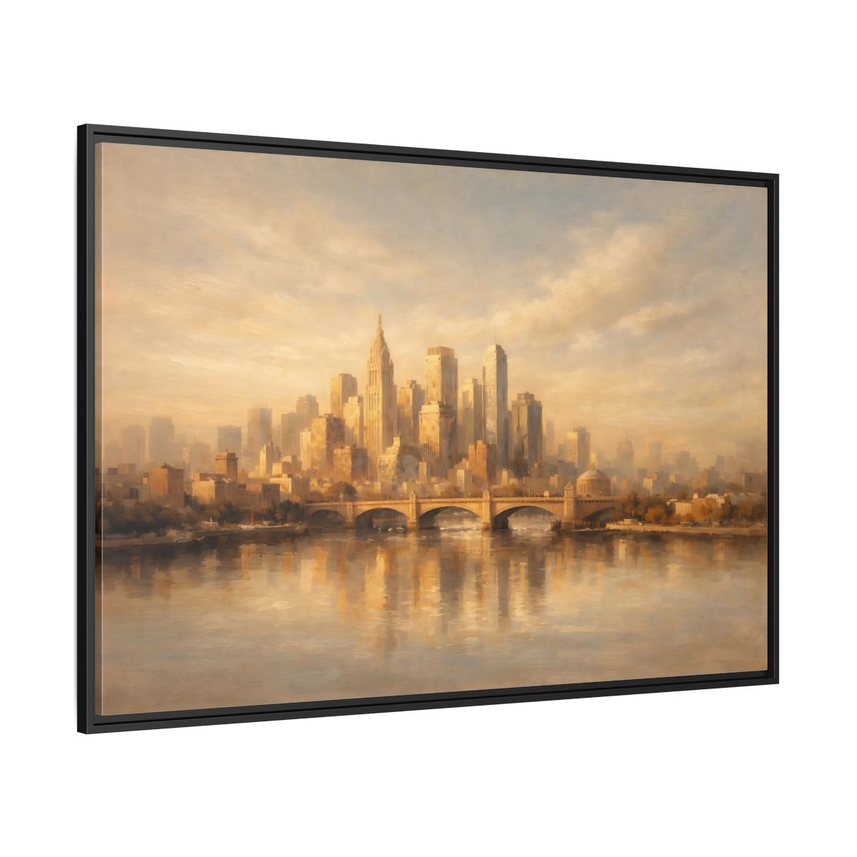 Side Mockup 12. Vintage City Skyline Golden City Skyline shown as stretched canvas wall art