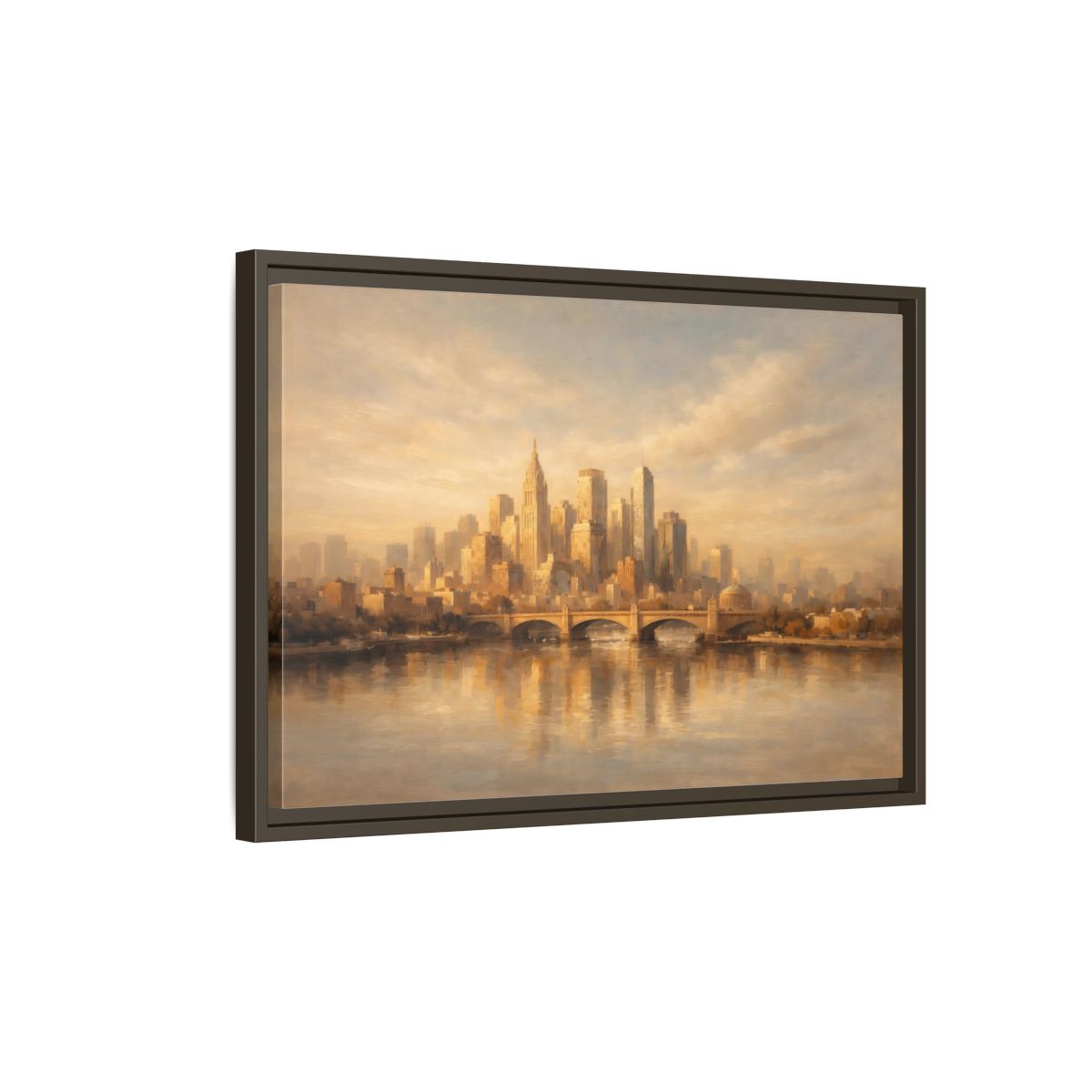 Side Mockup 2. Vintage City Skyline Golden City Skyline shown as stretched canvas wall art