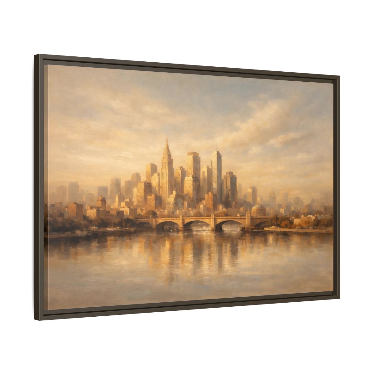 Side Mockup 9. Vintage City Skyline Golden City Skyline shown as stretched canvas wall art