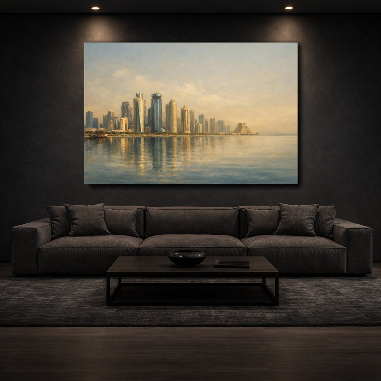 Mockup 2. Vintage City Skyline Golden Skyline shown as stretched canvas wall art