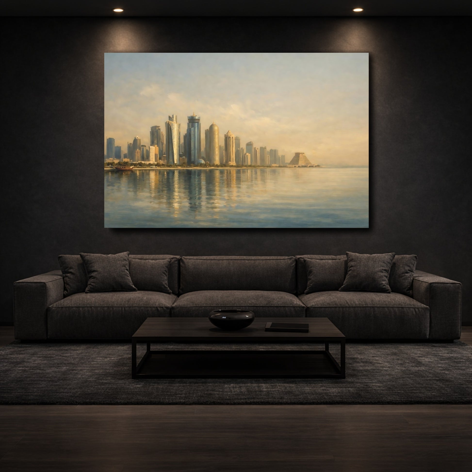 Mockup 2. Vintage City Skyline Golden Skyline shown as stretched canvas wall art