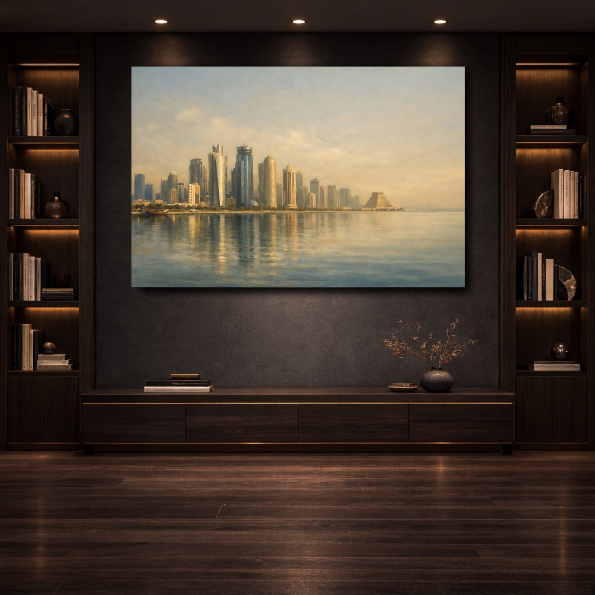 Mockup 3. Vintage City Skyline Golden Skyline shown as stretched canvas wall art