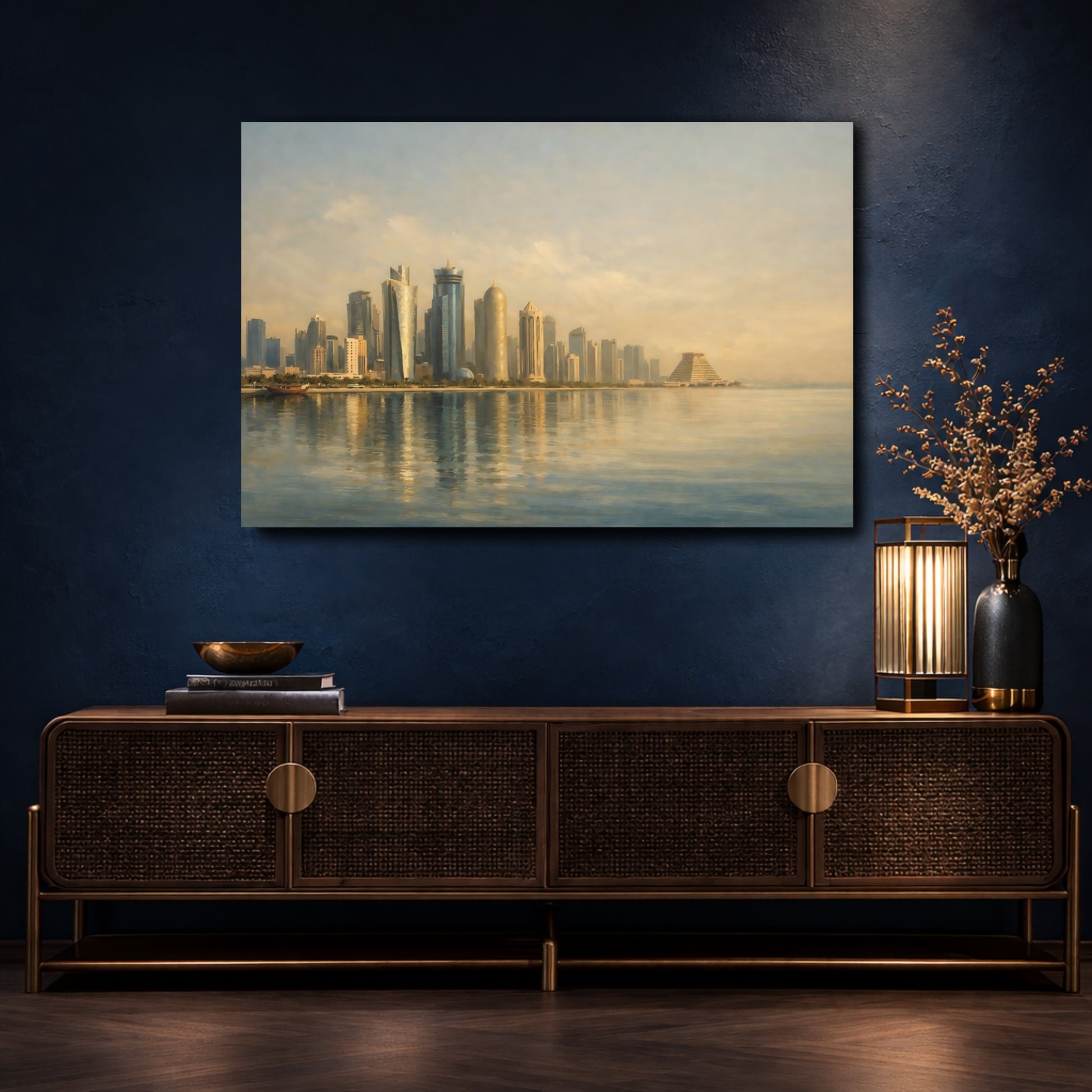Mockup 4. Vintage City Skyline Golden Skyline shown as stretched canvas wall art