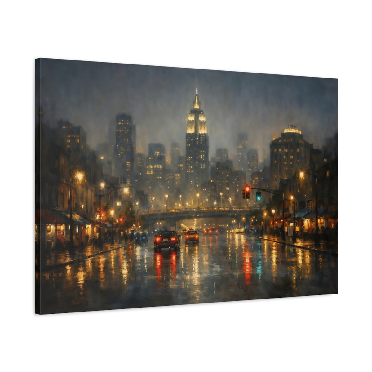 Side Mockup 1. Vintage City Street New York Rainy Night shown as stretched canvas wall art