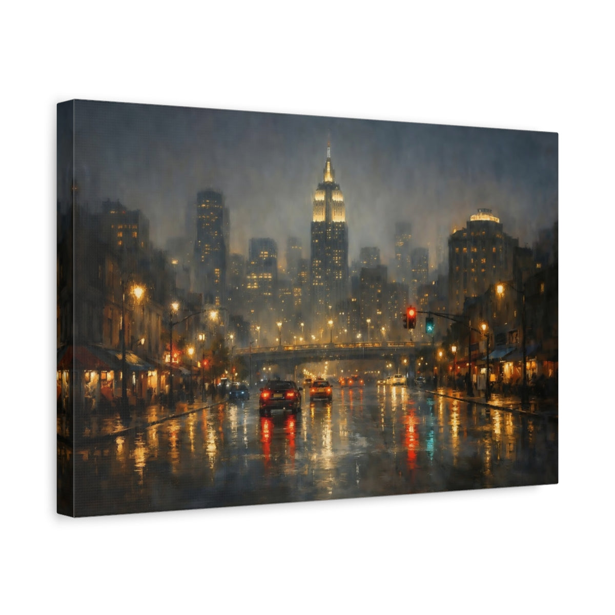 Side Mockup 4. Vintage City Street New York Rainy Night shown as stretched canvas wall art