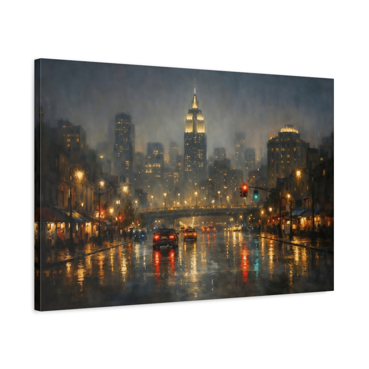 Side Mockup 2. Vintage City Street New York Rainy Night shown as stretched canvas wall art