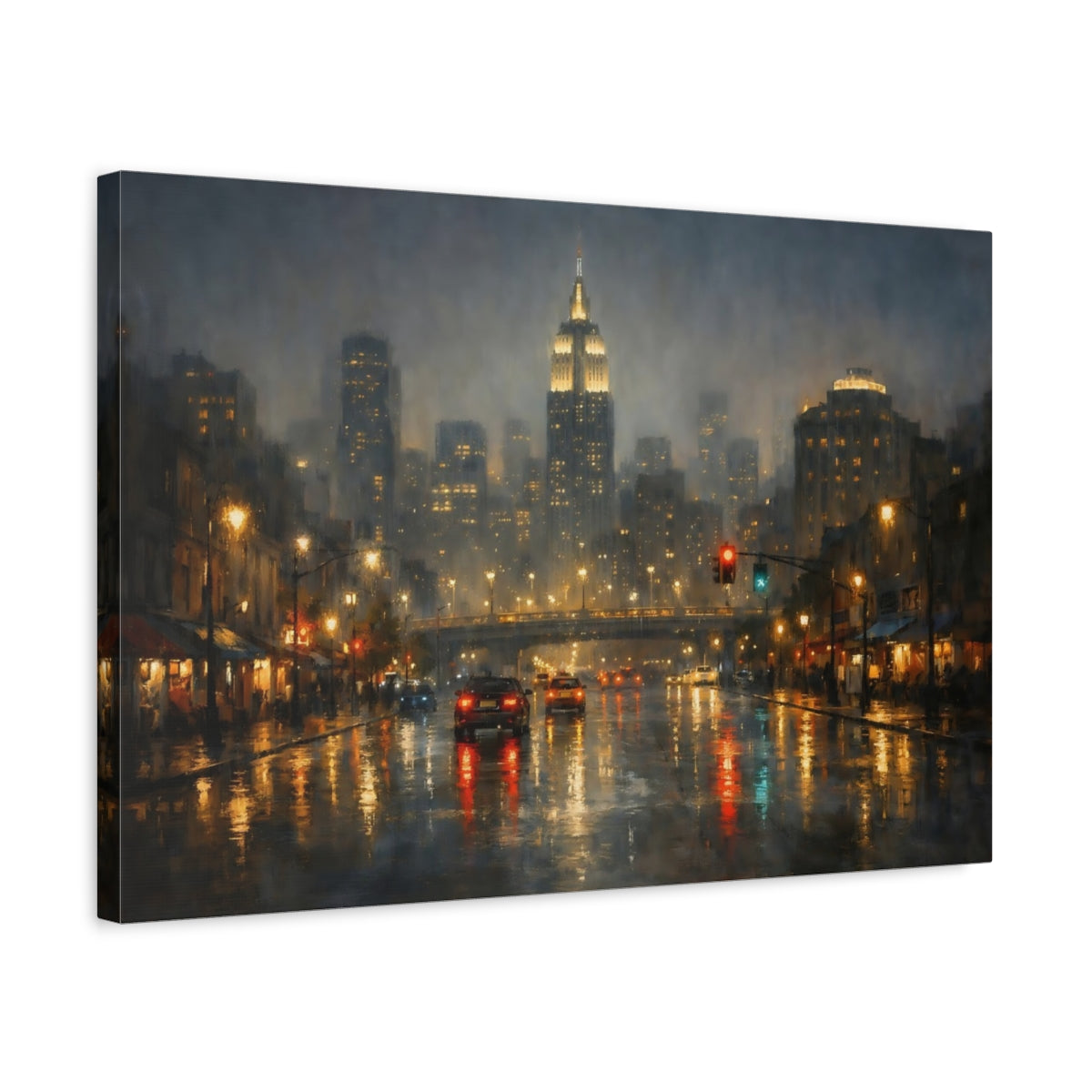 Side Mockup 3. Vintage City Street New York Rainy Night shown as stretched canvas wall art