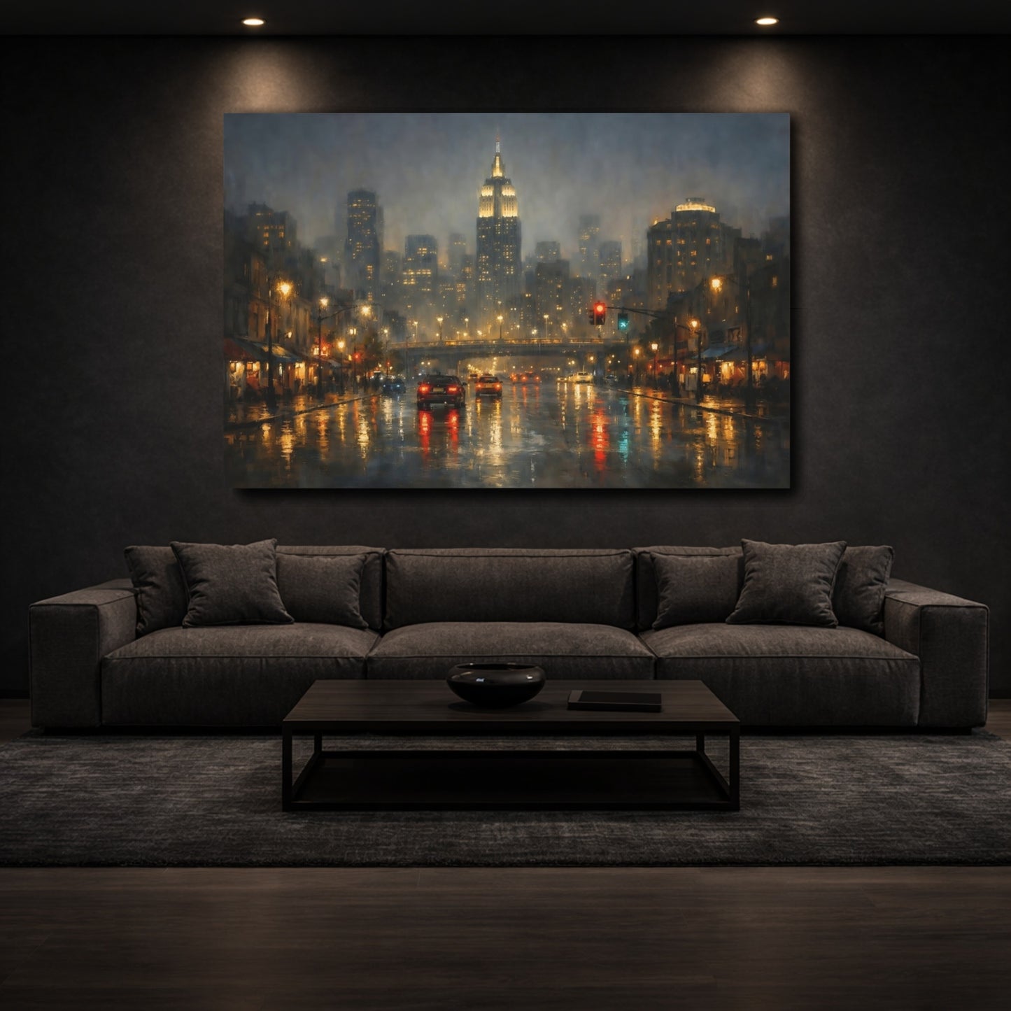 Mockup 2. Vintage City Street New York Rainy Night shown as stretched canvas wall art