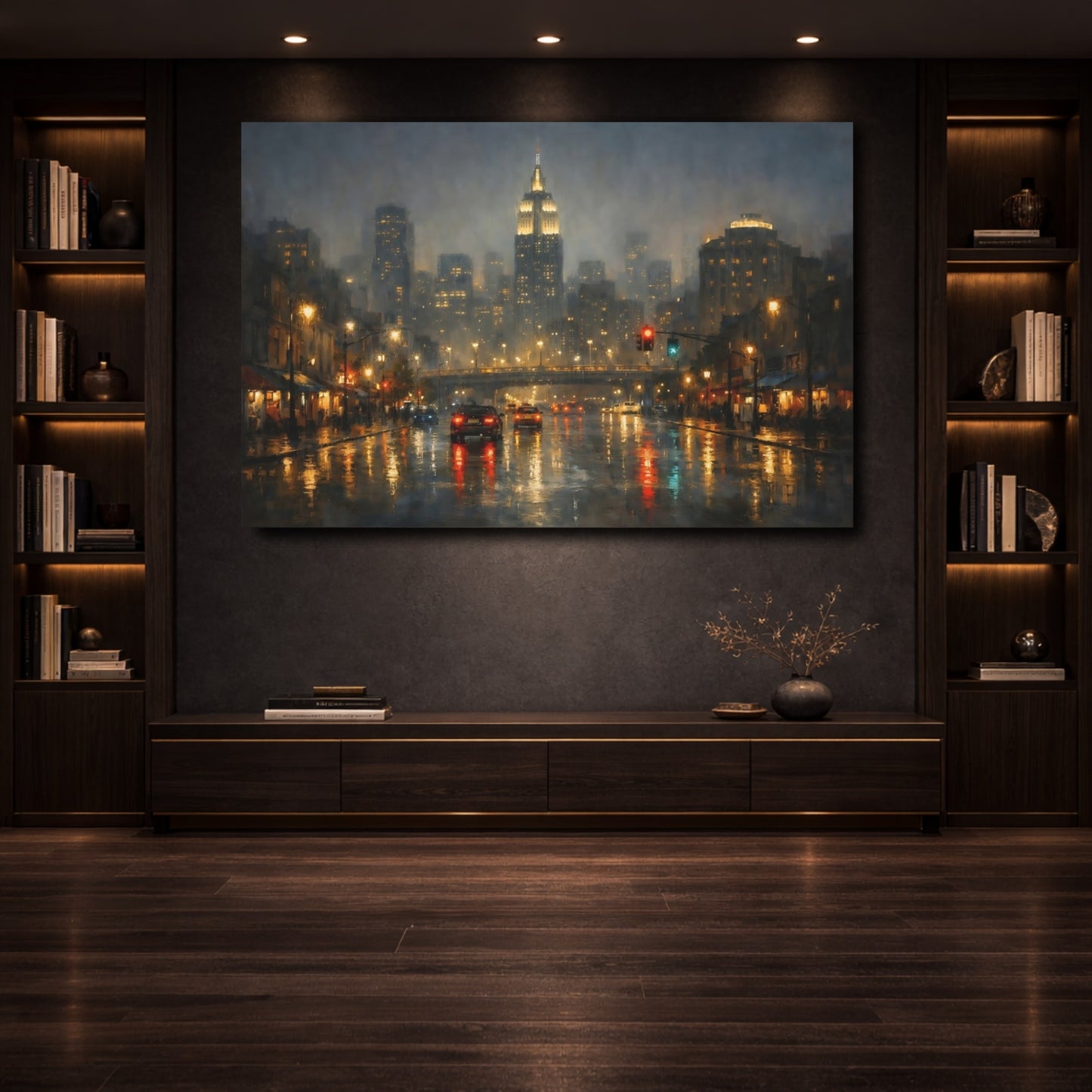 Mockup 3. Vintage City Street New York Rainy Night shown as stretched canvas wall art