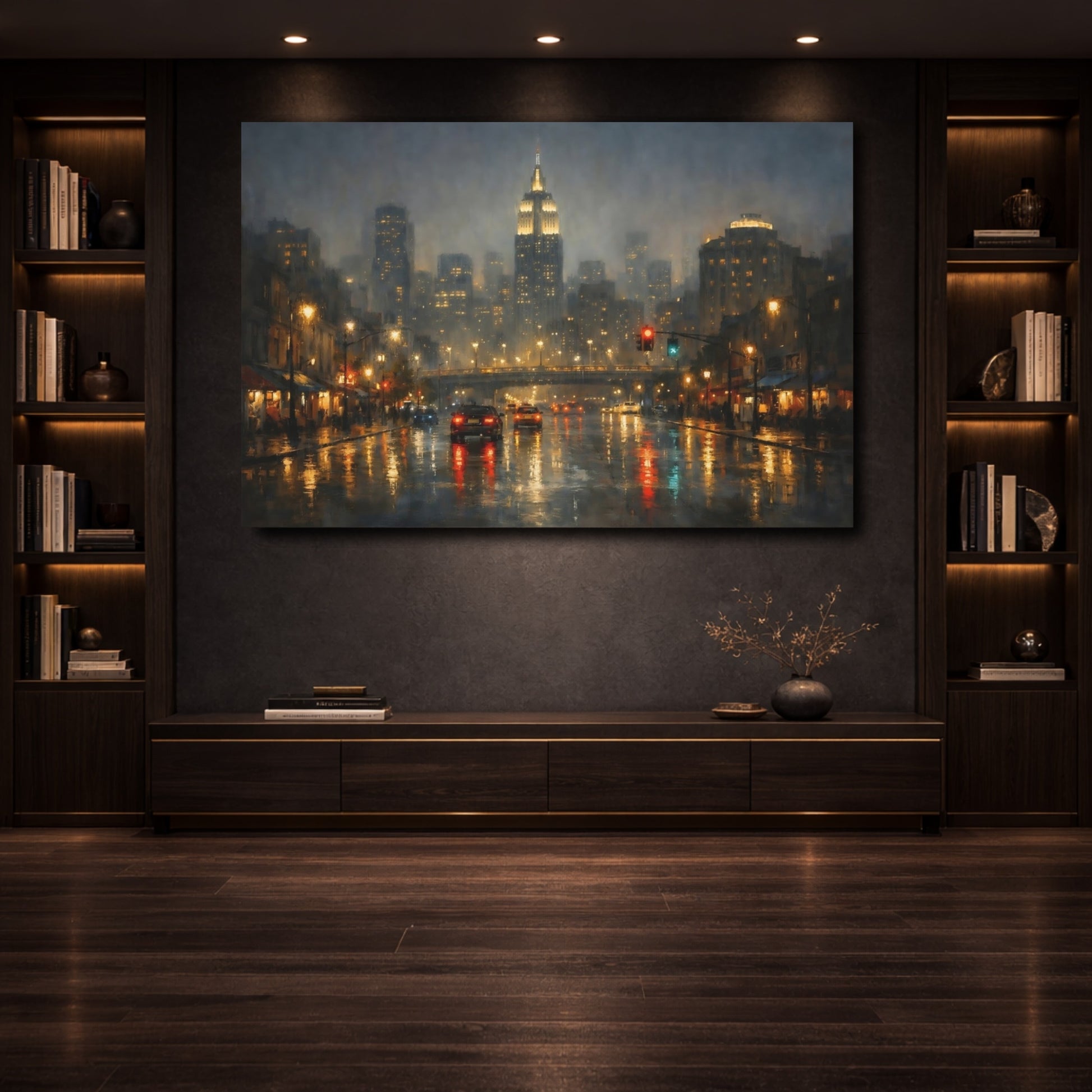 Mockup 3. Vintage City Street New York Rainy Night shown as stretched canvas wall art