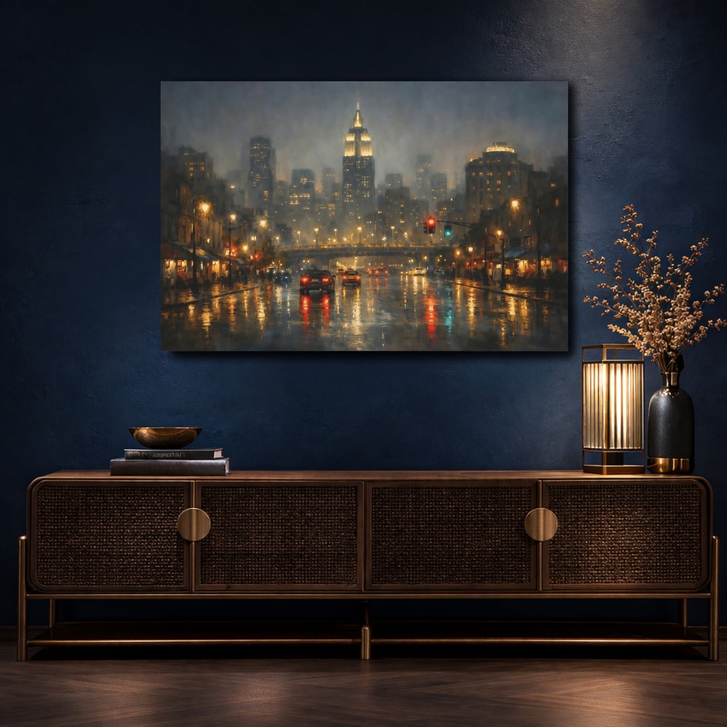 Mockup 4. Vintage City Street New York Rainy Night shown as stretched canvas wall art