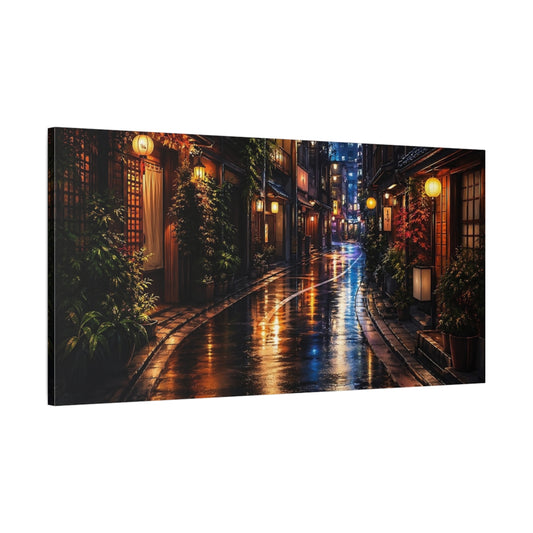 Main Mockup. Vintage City Street Rainy City Night shown as stretched canvas wall art