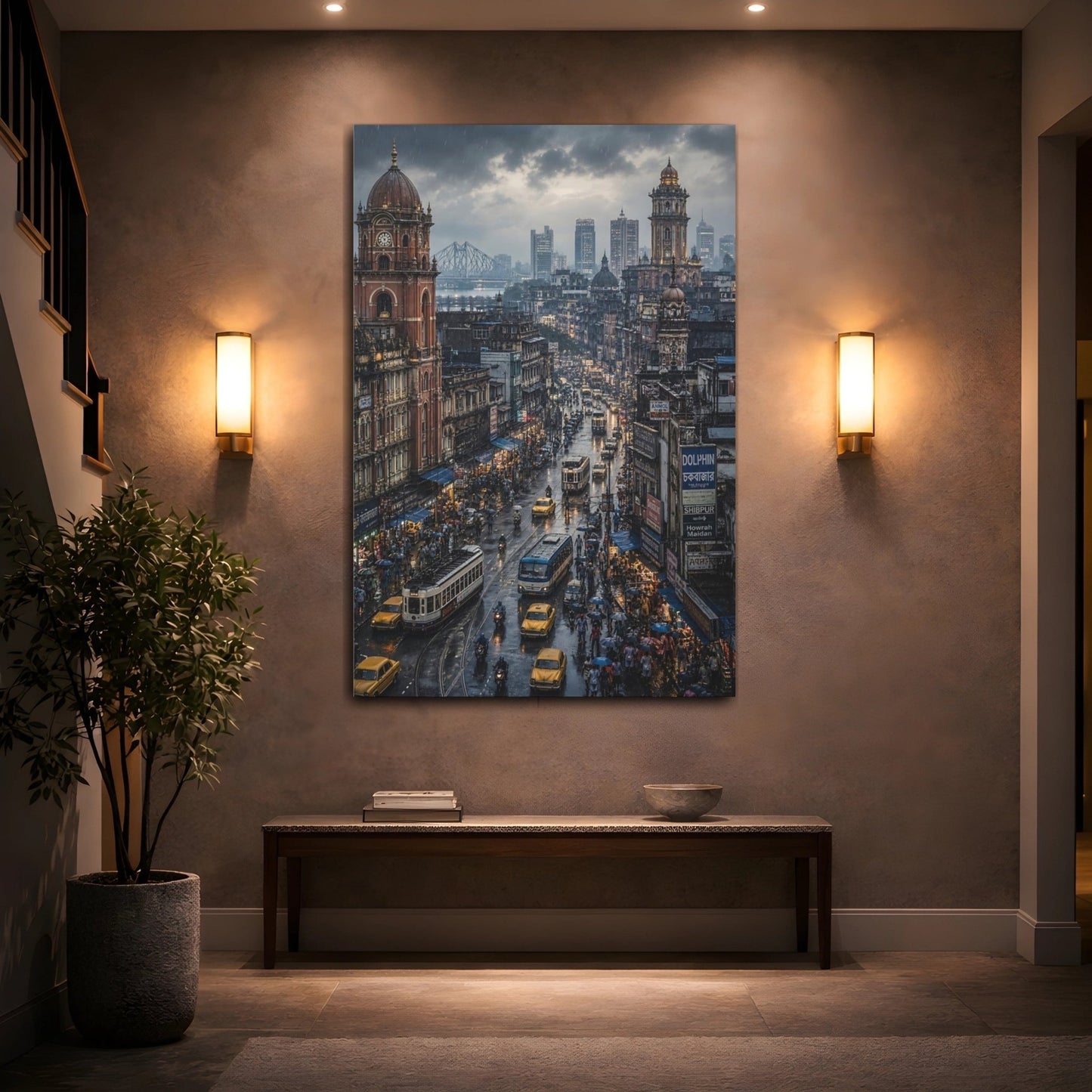Vintage City Street Rainy Cityscape Canvas Print – Living Room, Above Console Table - YesArtYes