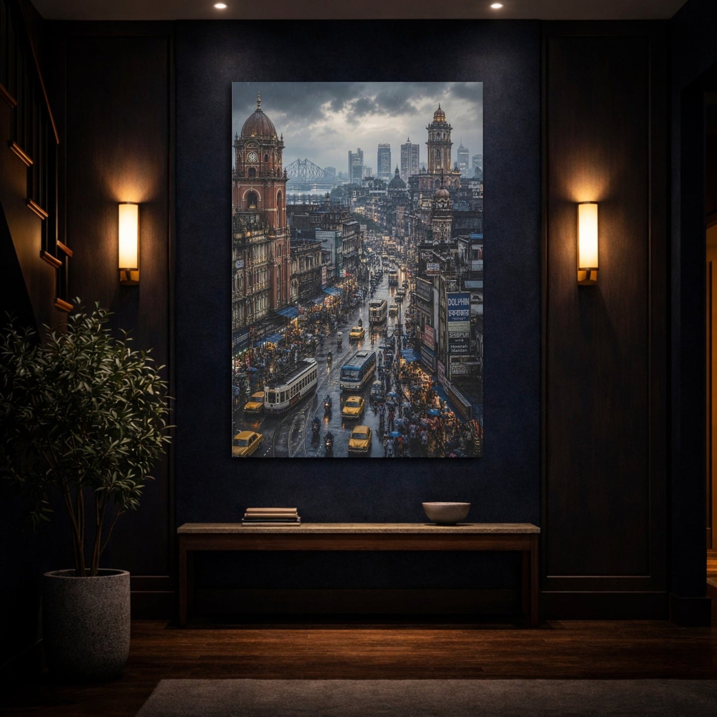 Vintage City Street Rainy Cityscape Canvas Print – Living Room, Above Console Table - YesArtYes