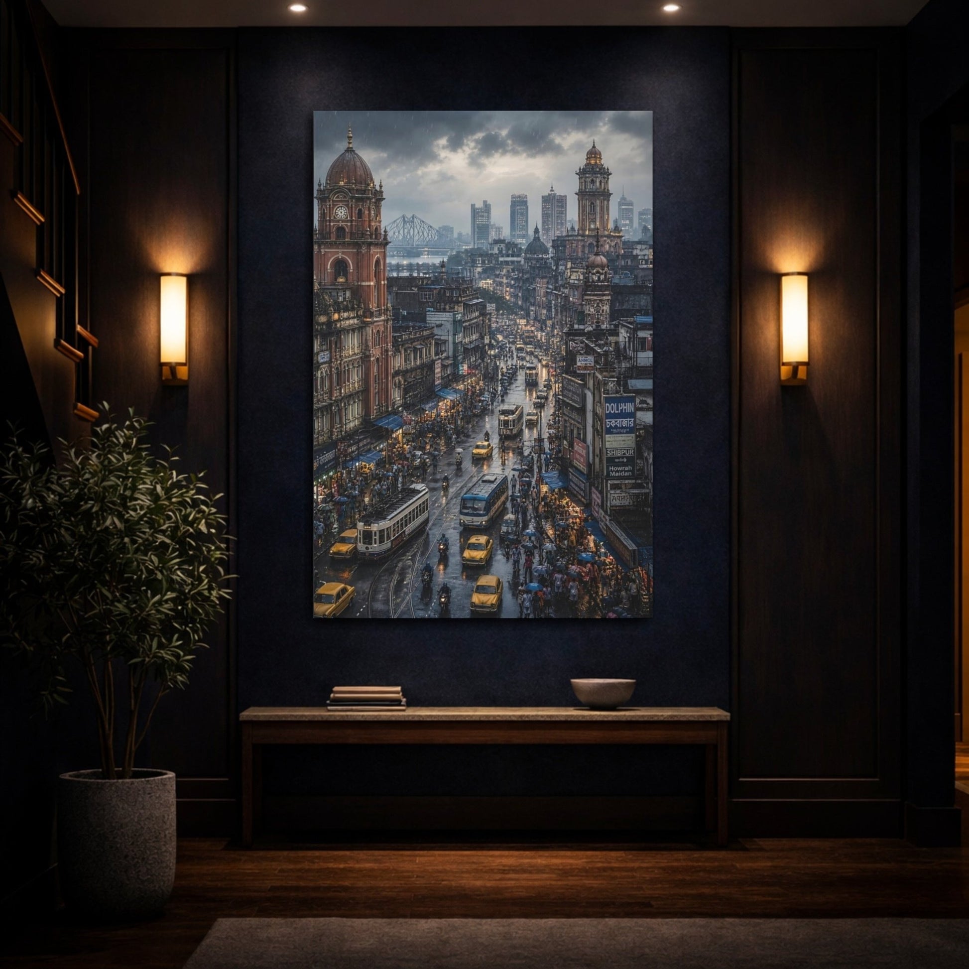 Vintage City Street Rainy Cityscape Canvas Print – Living Room, Above Console Table - YesArtYes