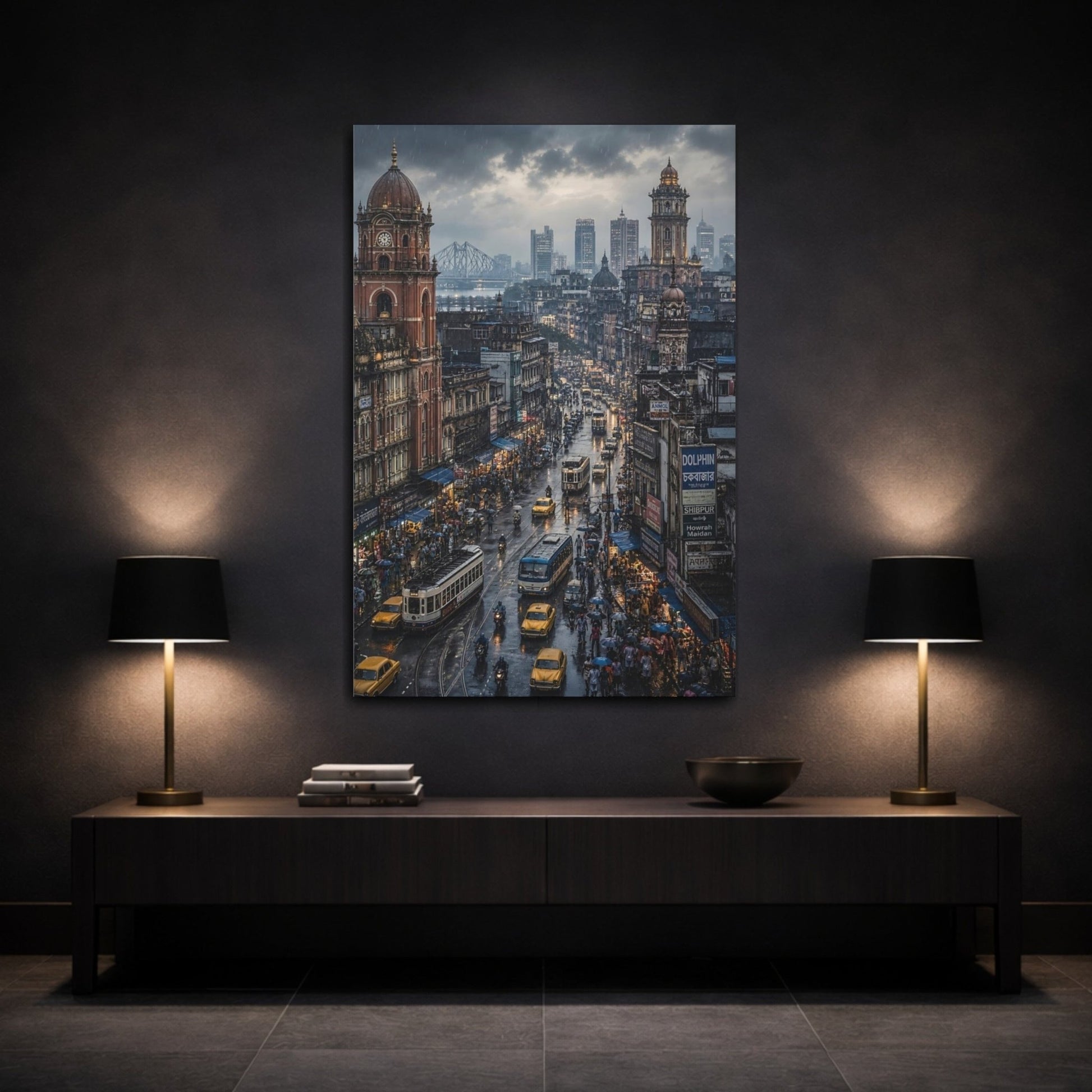 Vintage City Street Rainy Cityscape Canvas Print – Living Room, Above Console Table - YesArtYes