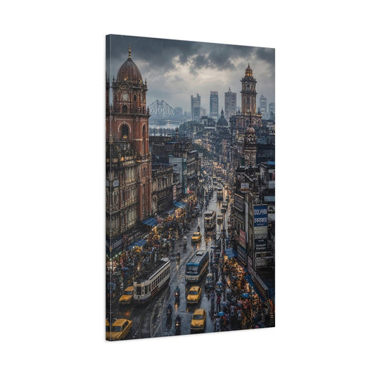 Vintage City Street Rainy Cityscape Canvas Print – Living Room, Above Console Table - YesArtYes