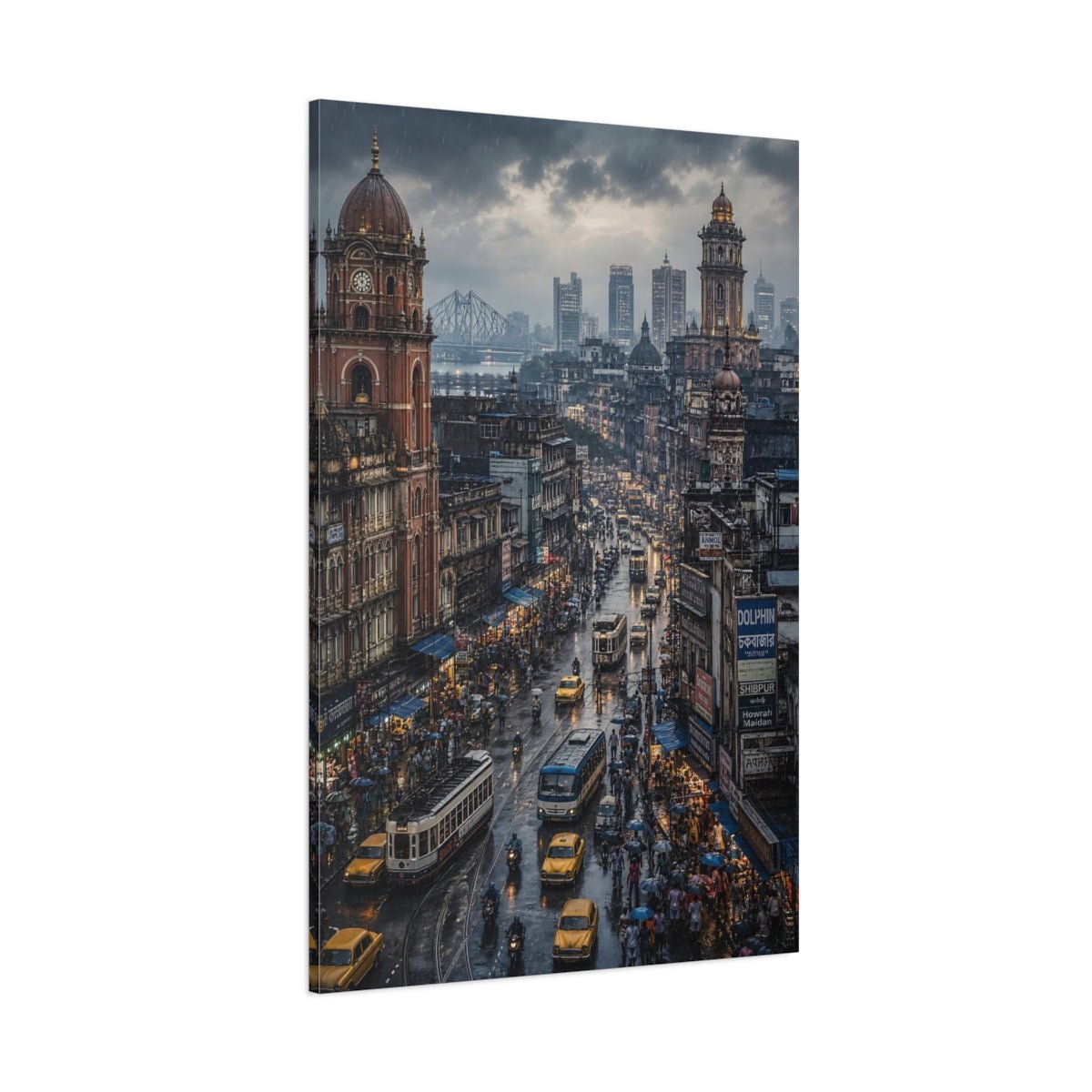 Vintage City Street Rainy Cityscape Canvas Print – Living Room, Above Console Table - YesArtYes