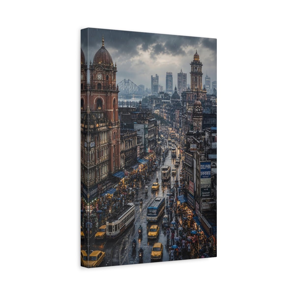 Vintage City Street Rainy Cityscape Canvas Print – Living Room, Above Console Table - YesArtYes