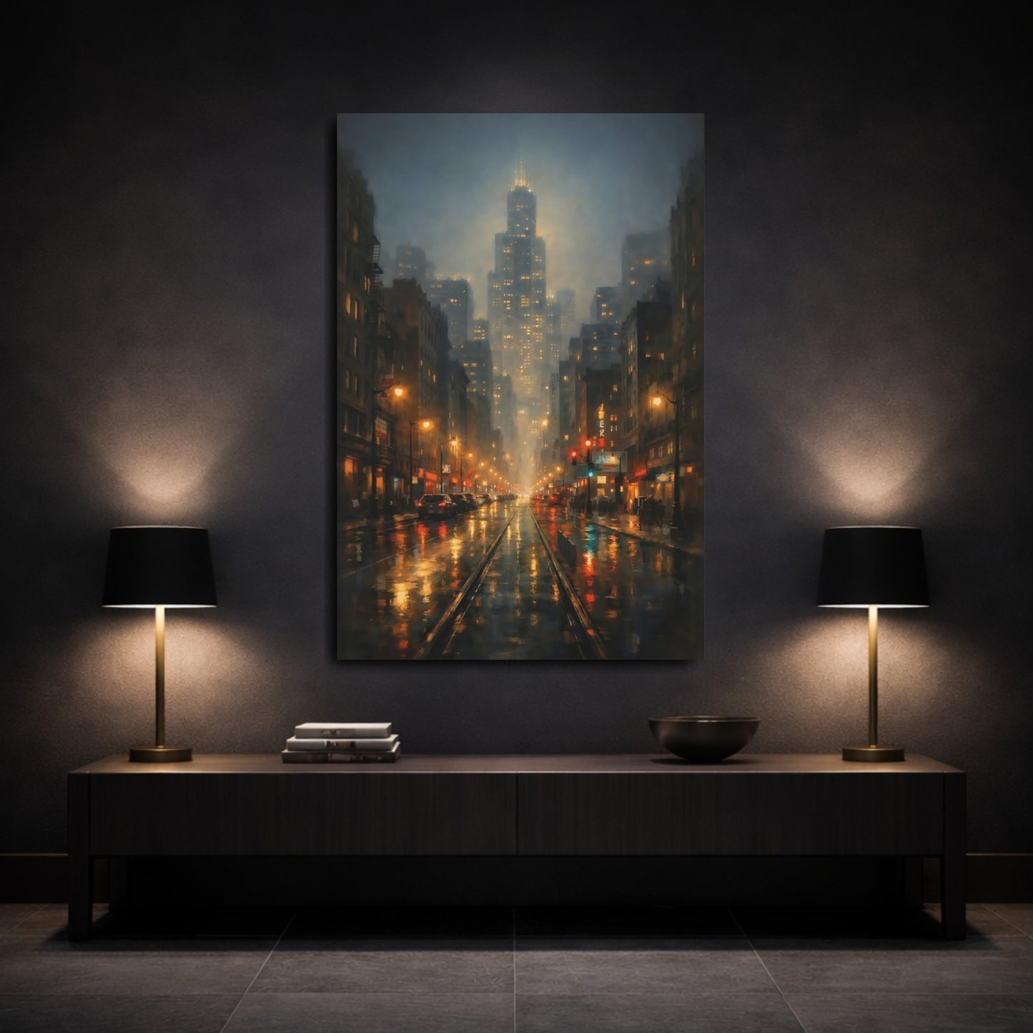 Mockup 2. Vintage City Street Urban Night Scene shown as stretched canvas wall art