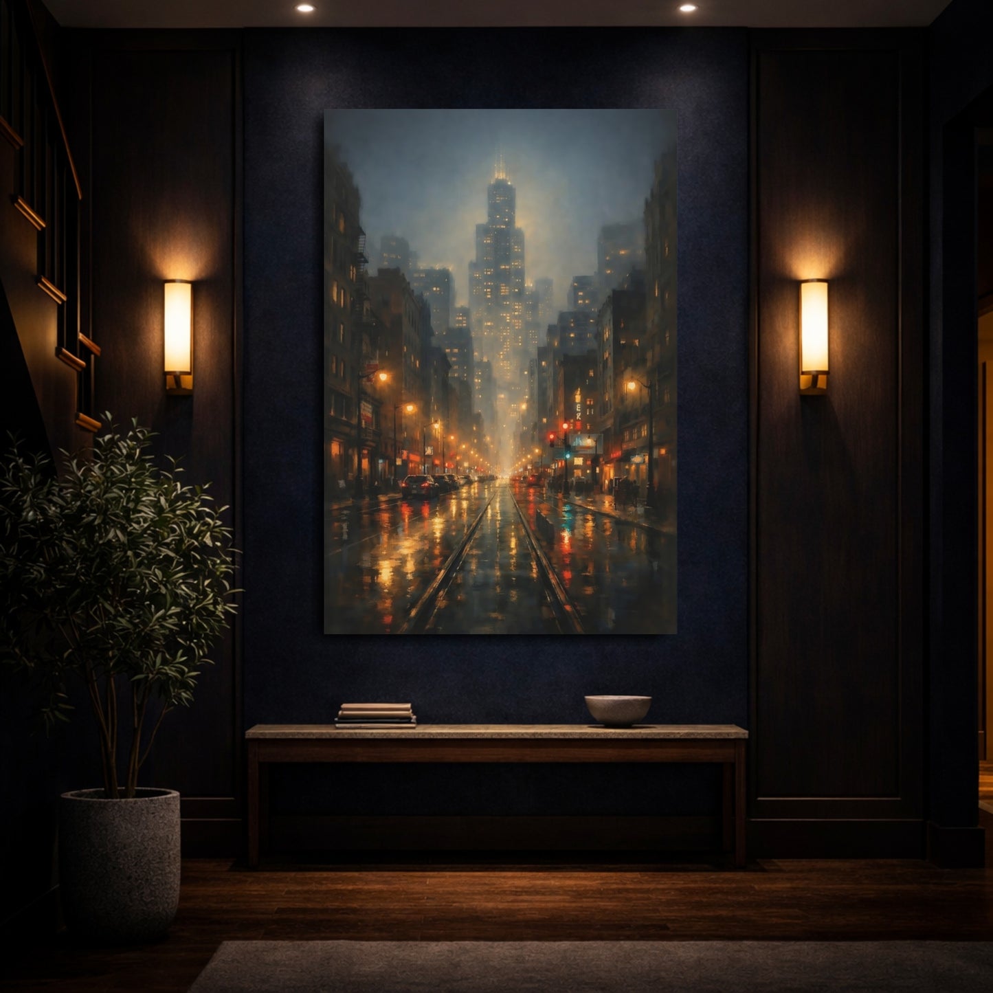 Mockup 3. Vintage City Street Urban Night Scene shown as stretched canvas wall art
