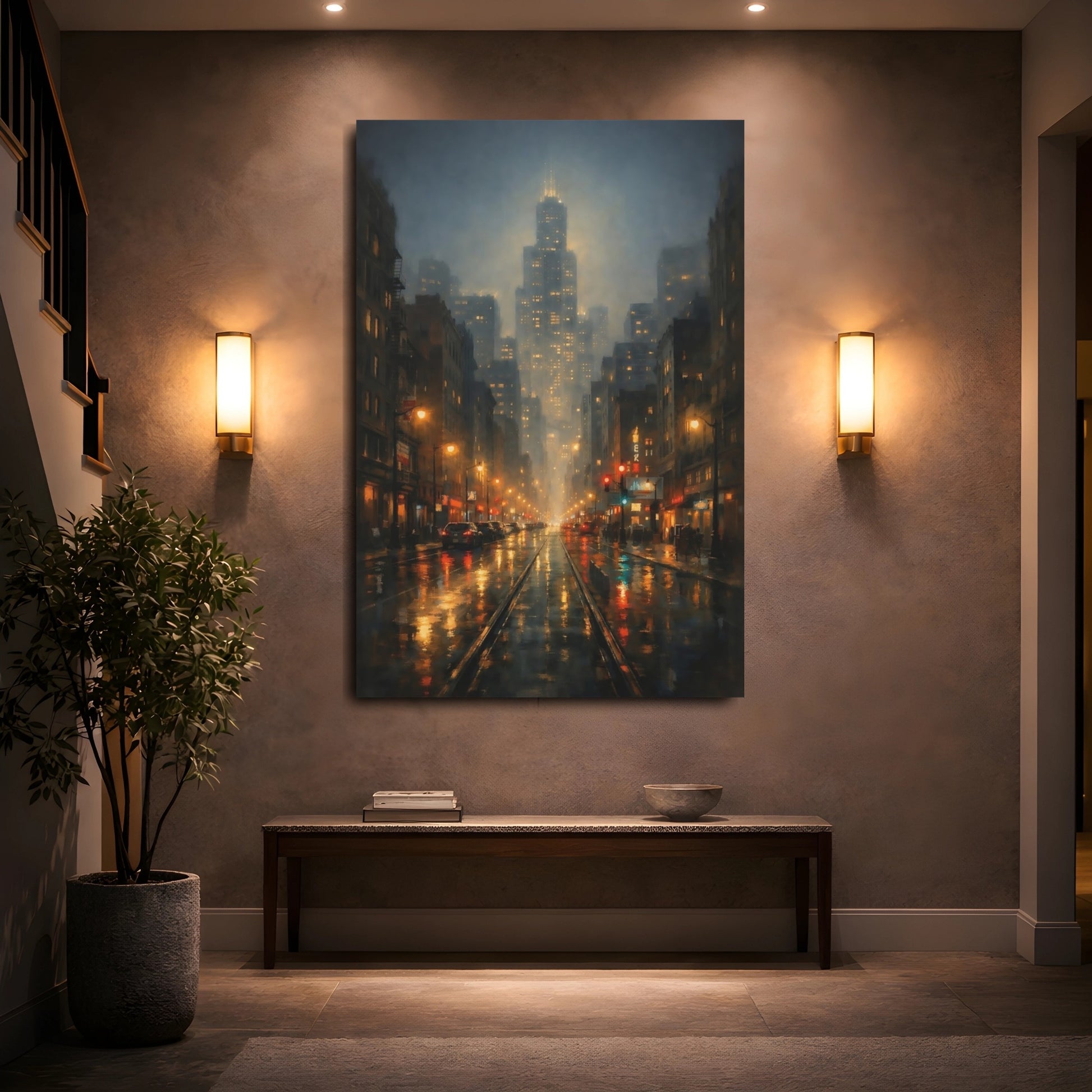 Mockup 4. Vintage City Street Urban Night Scene shown as stretched canvas wall art