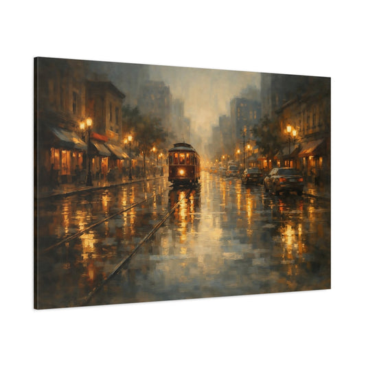 Main Mockup. Vintage City Tram Brown Gold Cityscape shown as stretched canvas wall art