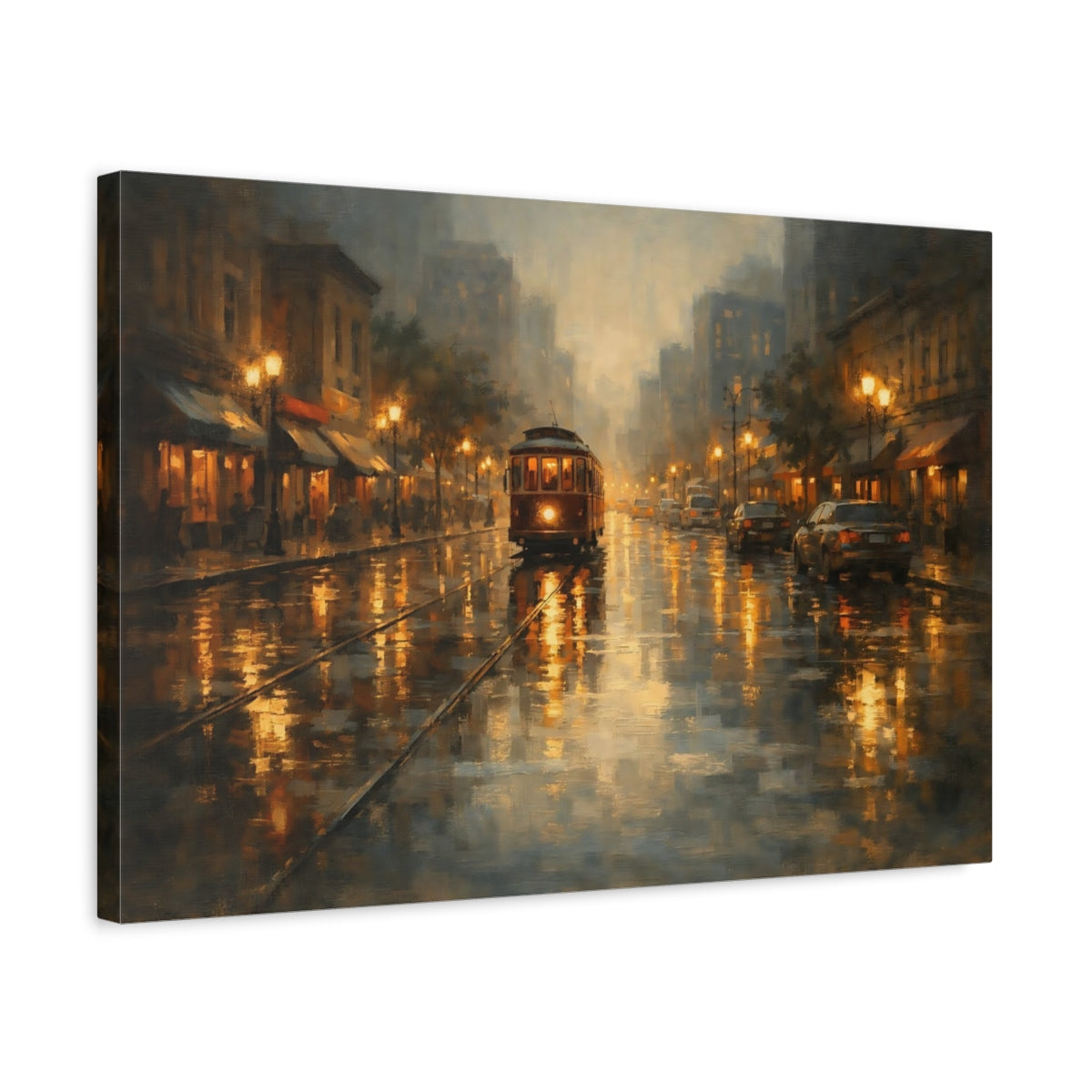 Side Mockup 3. Vintage City Tram Brown Gold Cityscape shown as stretched canvas wall art