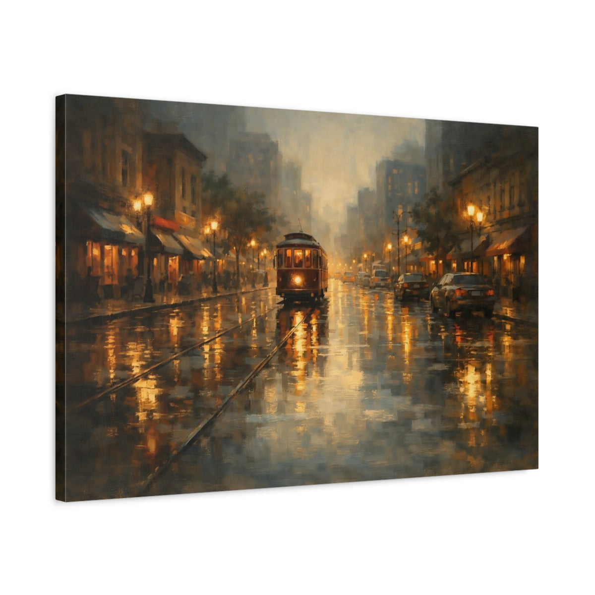 Side Mockup 2. Vintage City Tram Brown Gold Cityscape shown as stretched canvas wall art