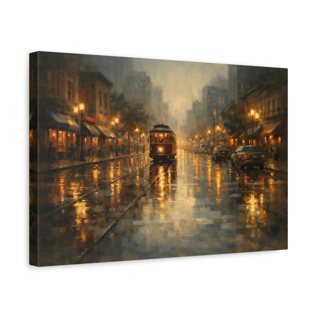 Side Mockup 4. Vintage City Tram Brown Gold Cityscape shown as stretched canvas wall art