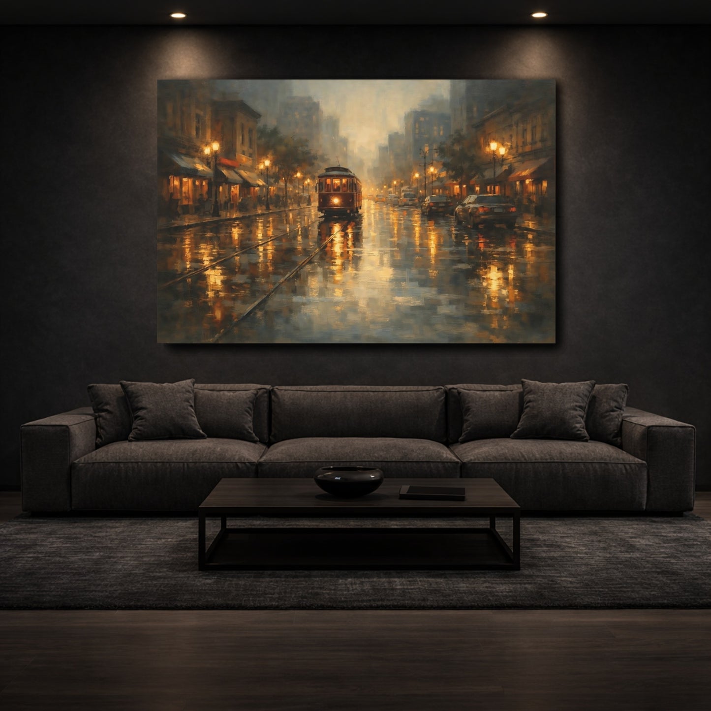 Mockup 2. Vintage City Tram Brown Gold Cityscape shown as stretched canvas wall art
