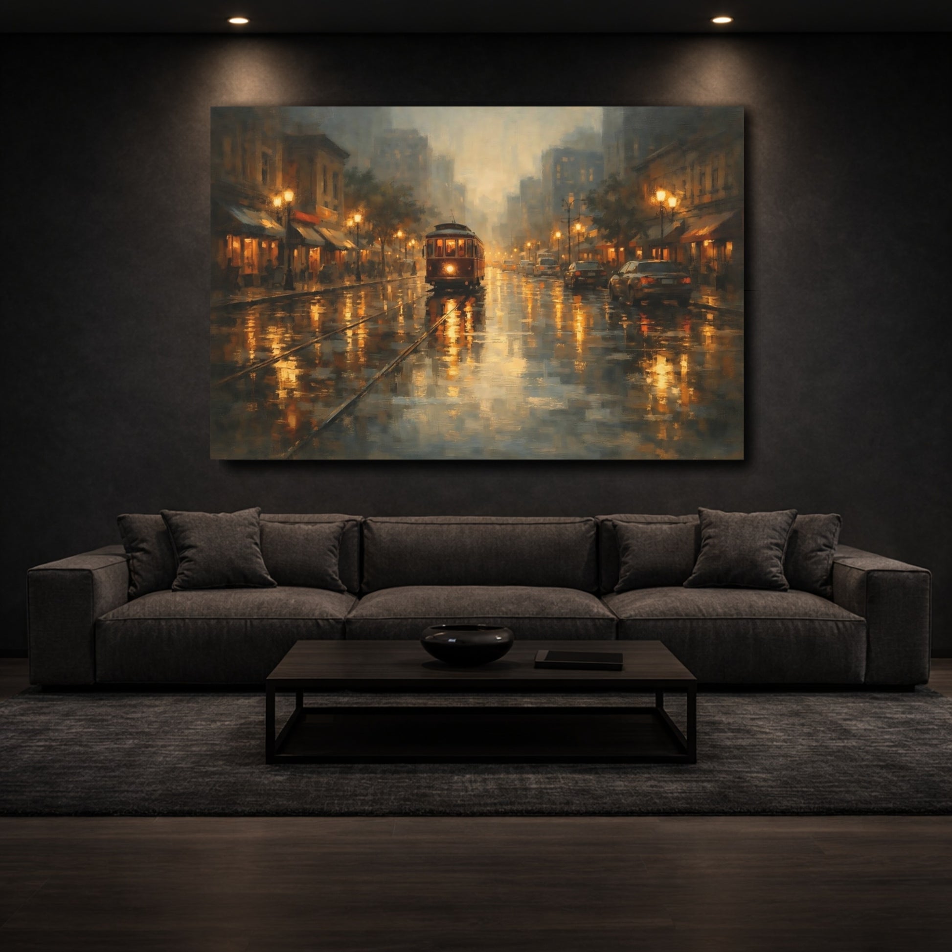 Mockup 2. Vintage City Tram Brown Gold Cityscape shown as stretched canvas wall art