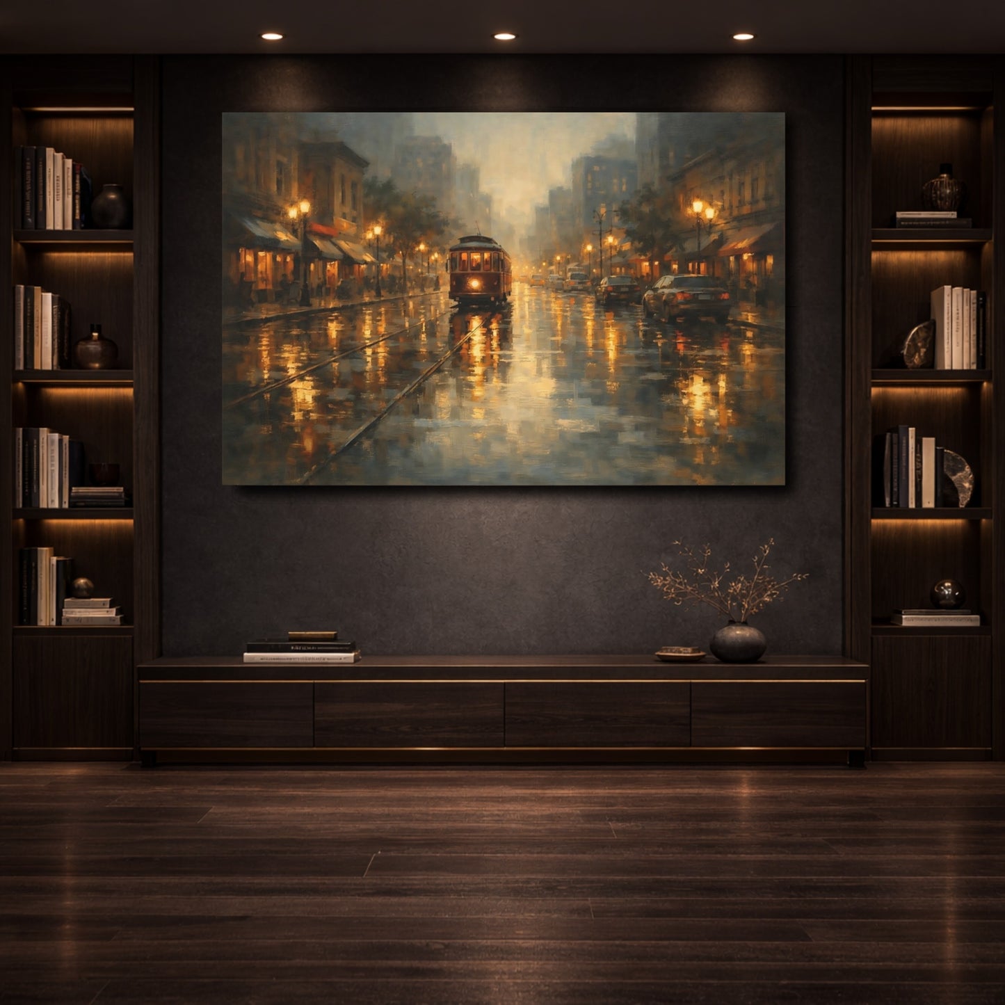 Mockup 3. Vintage City Tram Brown Gold Cityscape shown as stretched canvas wall art